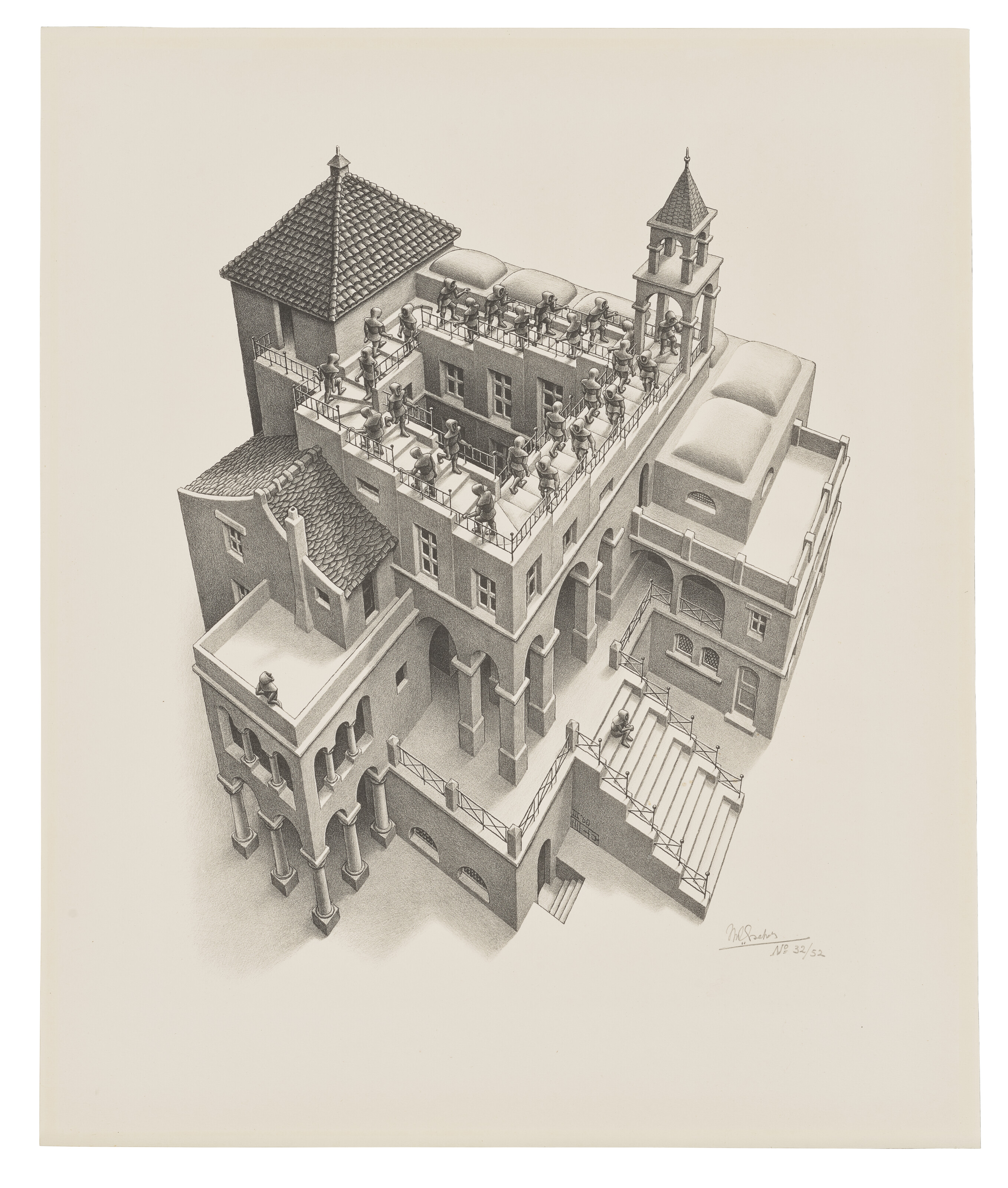 Maurits Cornelis Escher, Ascending and Descending, lithograph, 1960, offered in Prints and Multiples from 12-26 September 2024 at Christie's Online