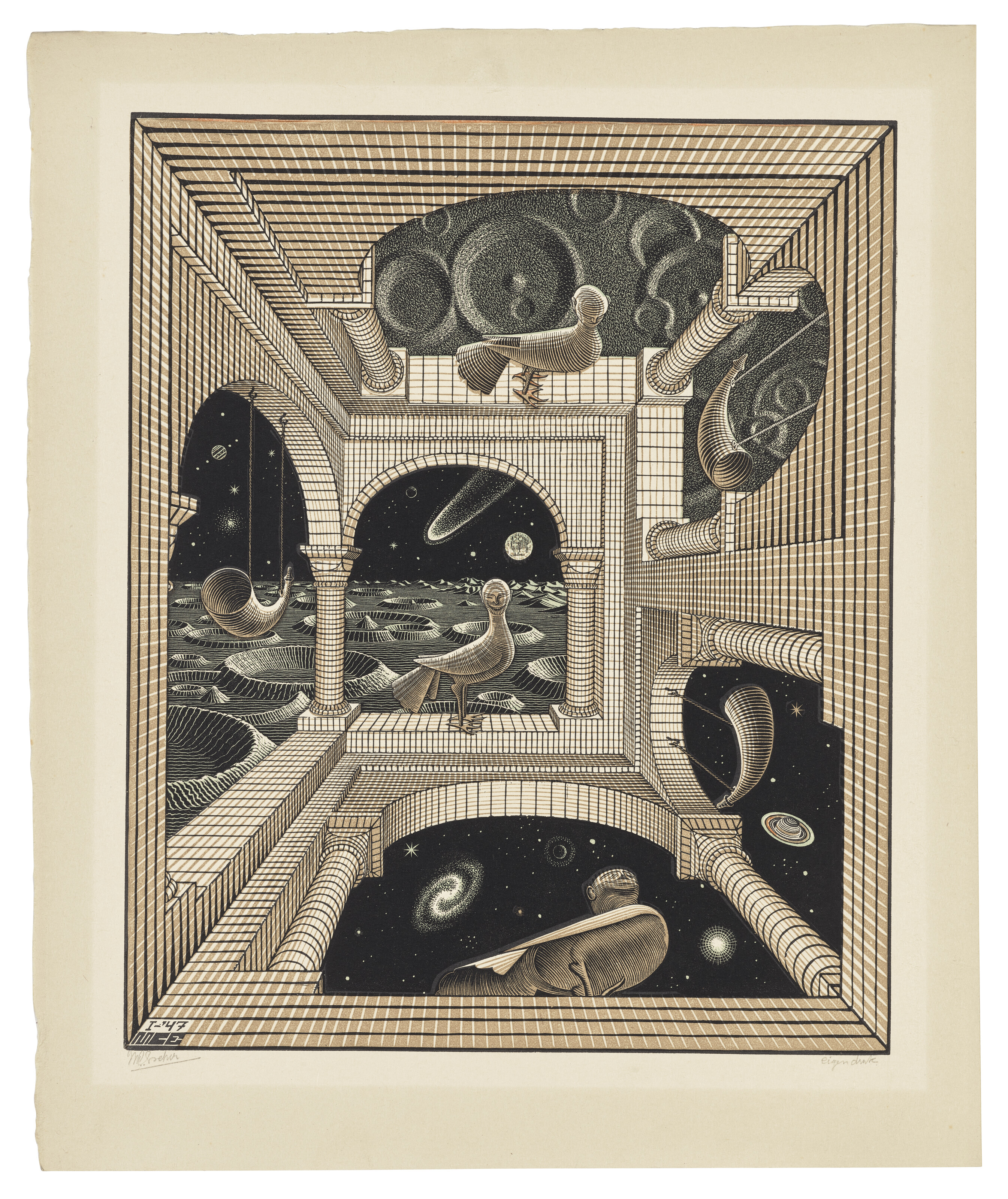 Maurits Cornelis Escher, Other World, woodcut and wood engraving in colours, with touches of hand-colouring in orange ink, 1947, offered in Prints and Multiples from 12-26 September 2024 at Christie's Online