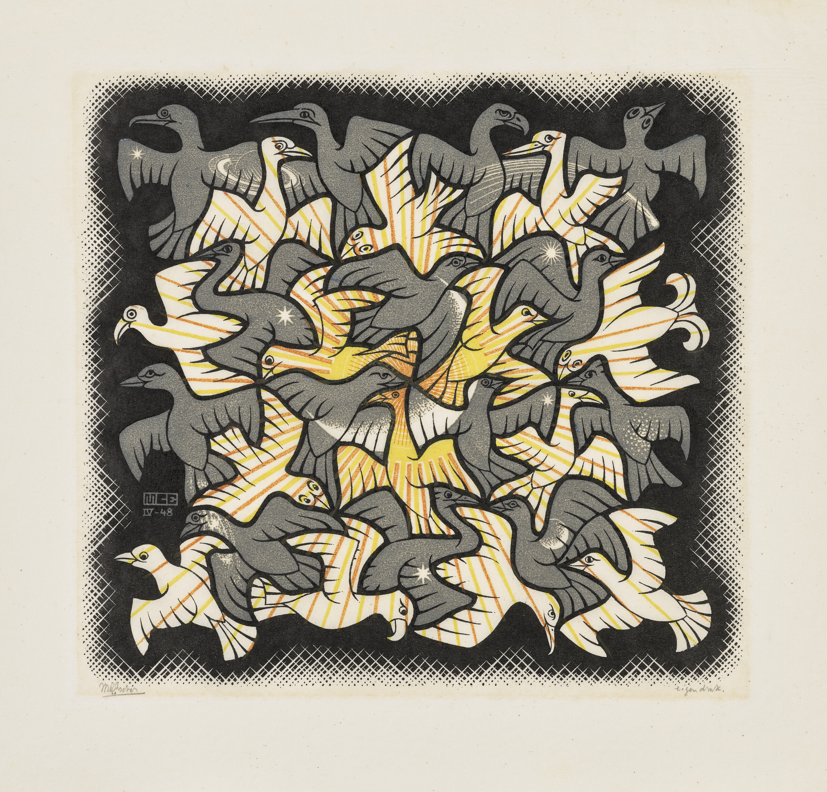 Maurits Cornelis Escher, Sun and Moon, woodcut printed in black, grey, orange and yellow, 1948, offered in Prints and Multiples from 12-26 September 2024 at Christie's Online