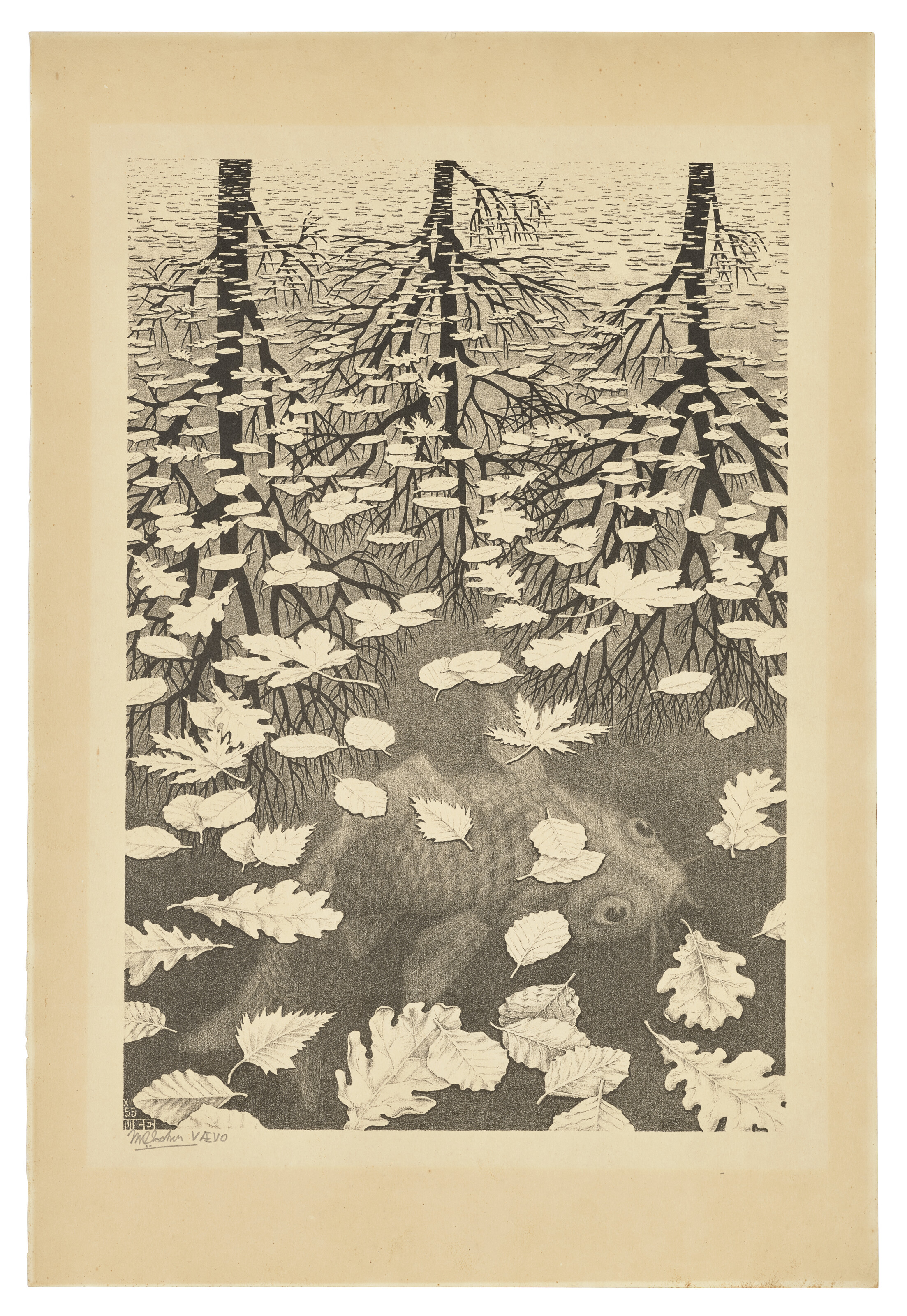 Maurits Cornelis Escher, Three Worlds, lithograph, 1955, offered in Prints and Multiples from 12-26 September 2024 at Christie's Online