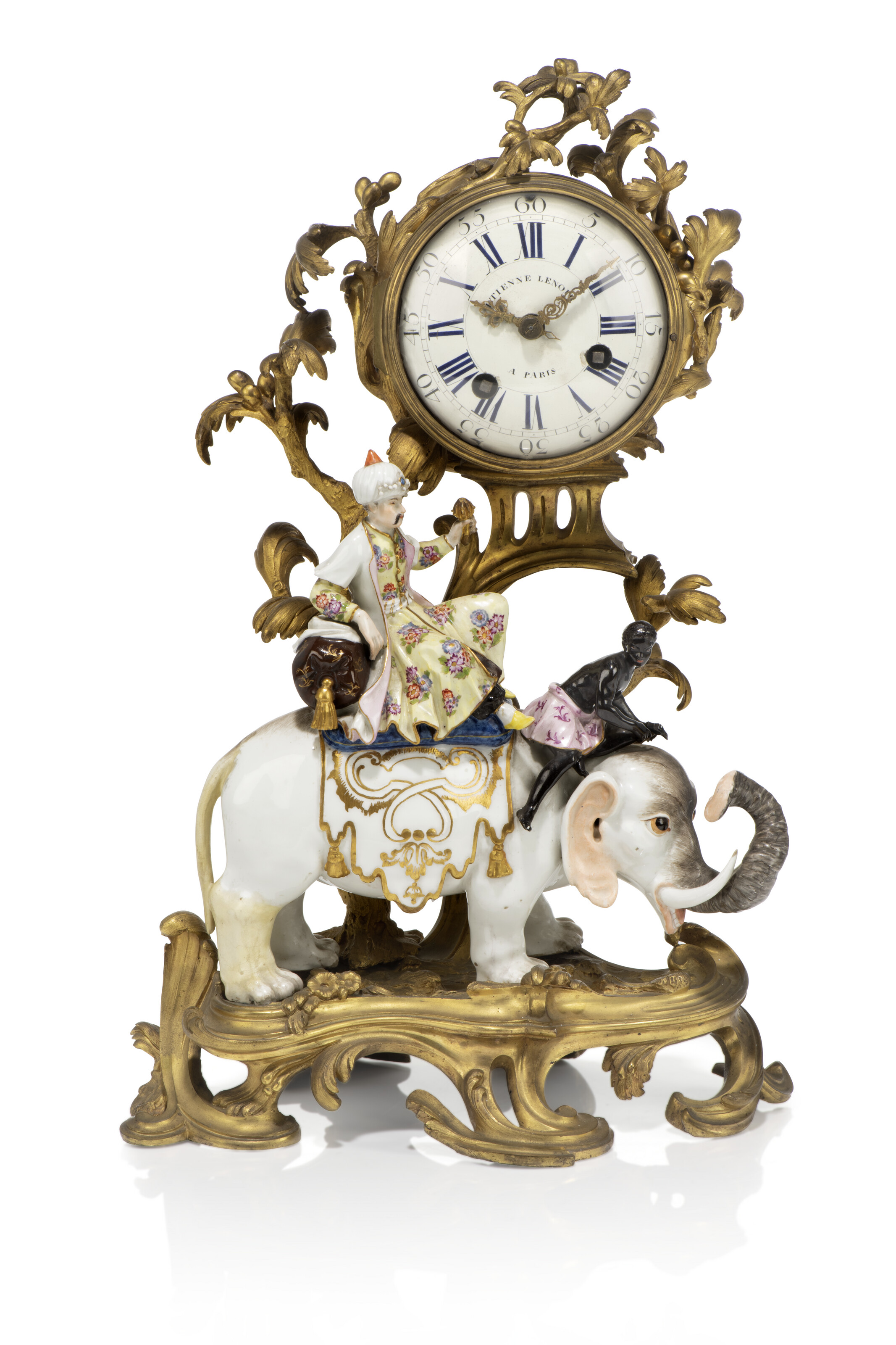 A LOUIS XV ORMOLU AND MEISSEN PORCELAIN MANTEL CLOCK, THE ORMOLU