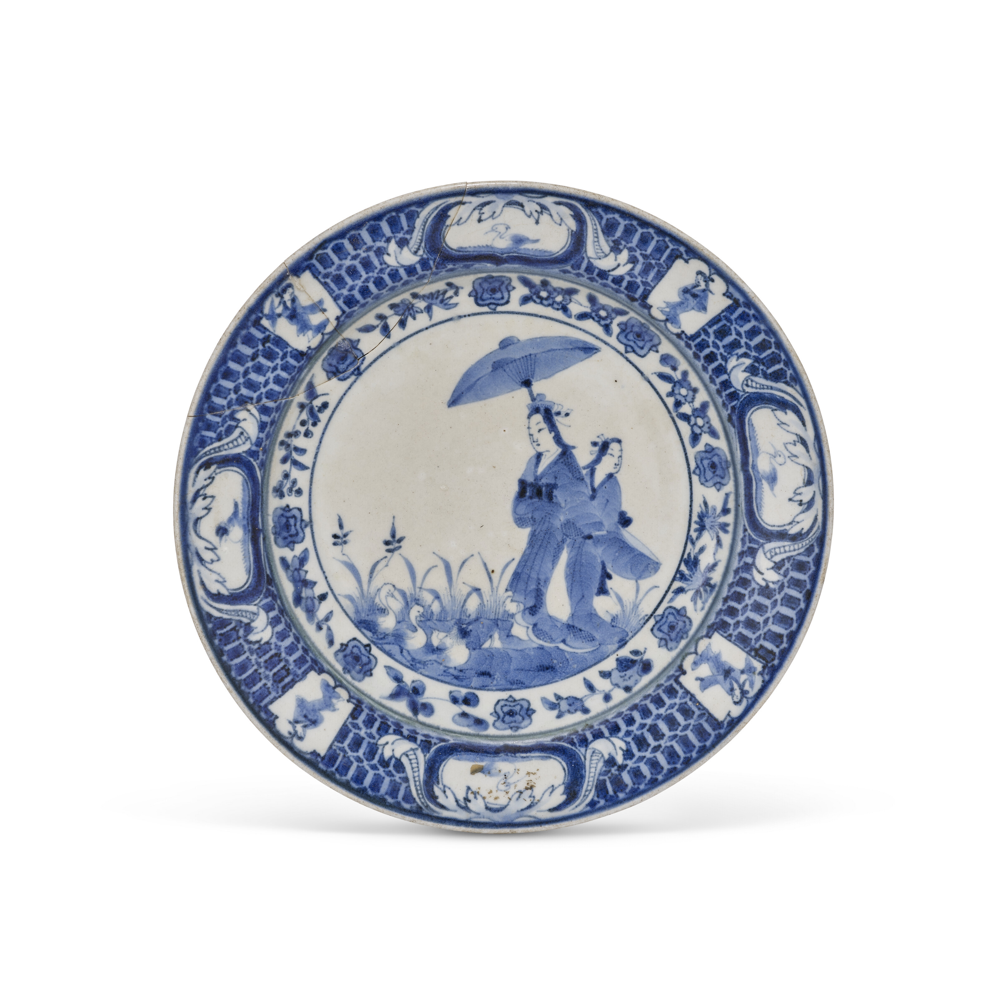 A CHINESE EXPORT PORCELAIN BLUE AND WHITE 'PRONK DAME AU PARASOL