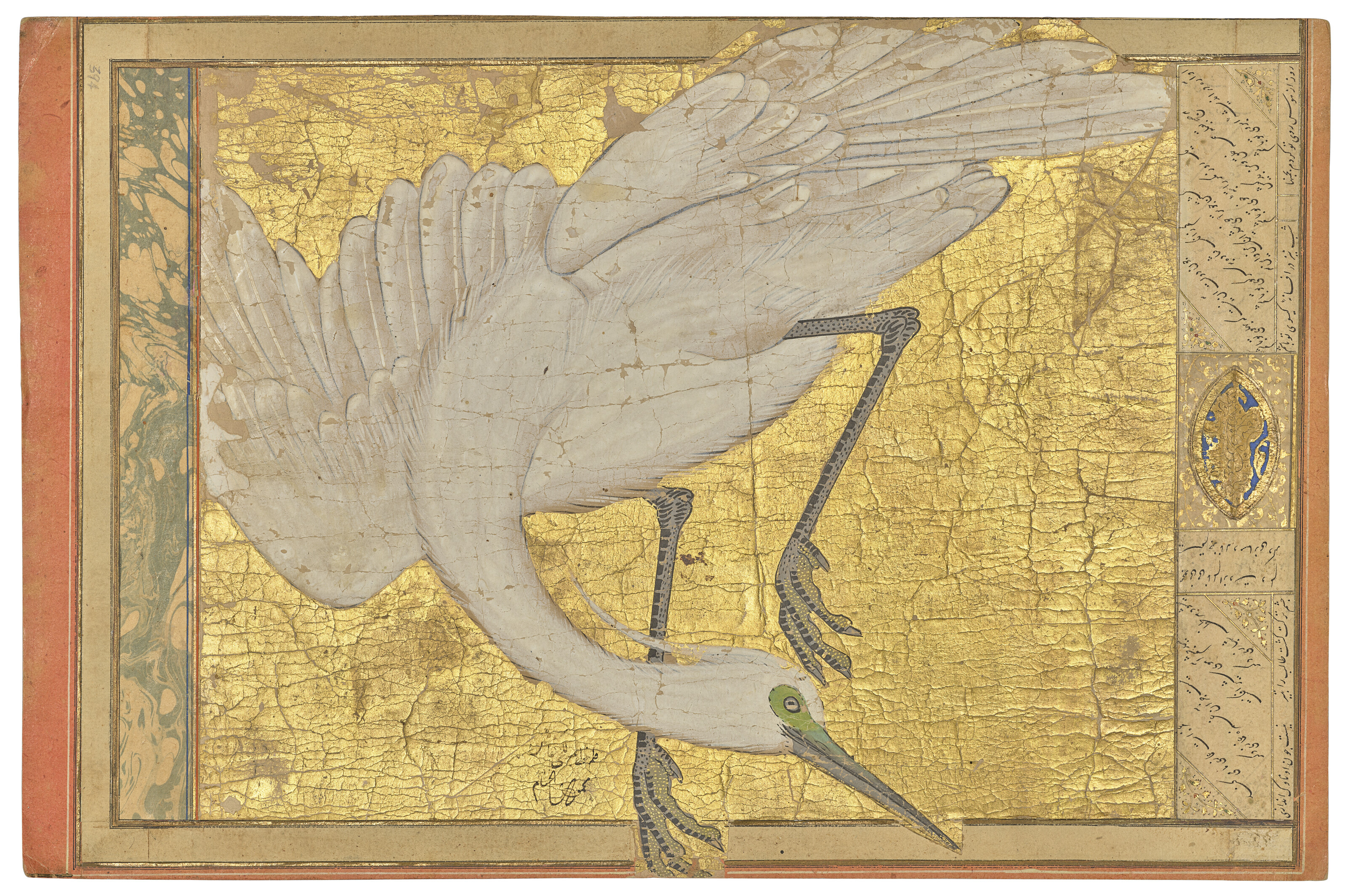 Two album pages: a heron landing and two cranes standing in a pool, the heron ascribed to 'Abd al-Hayy, both in the style of Jalayirid Mesopotamia or Tabriz, circa 1370-80, probably 19th/20th century. Heron folio: 14⅜ x 9½ in (36.6 x 24 cm); cranes folio: 14⅜ x 9 in (36.6 x 24.3 cm). , offered in Art of the Islamic and Indian Worlds including Rugs and Carpets on 25 April 2024 at Christie's in London