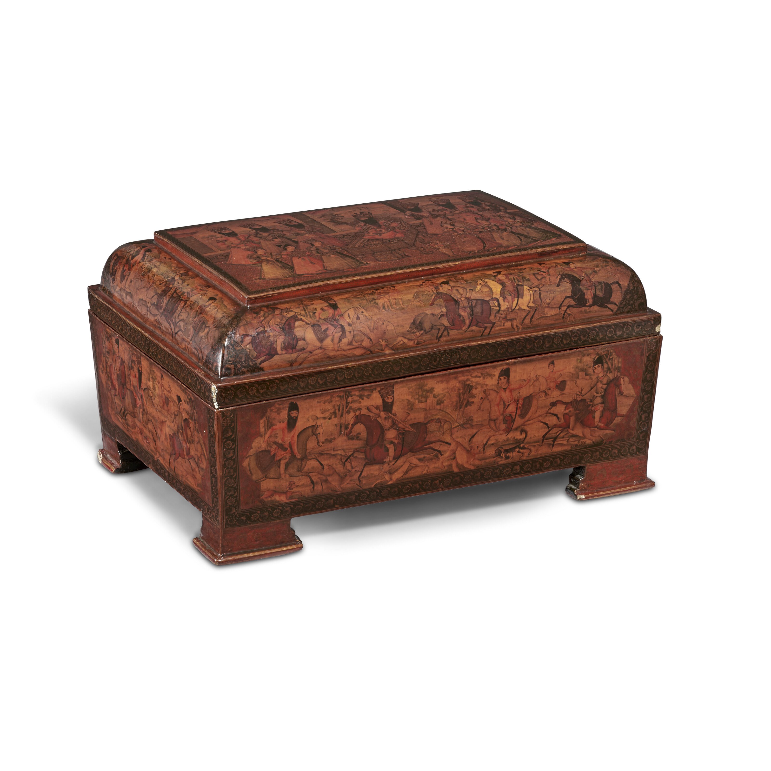 A Qajar lacquer papier-mâché casket, Iran, early 19th century, offered in Art of the Islamic and Indian Worlds including Rugs and Carpets on 25 April 2024 at Christie's in London