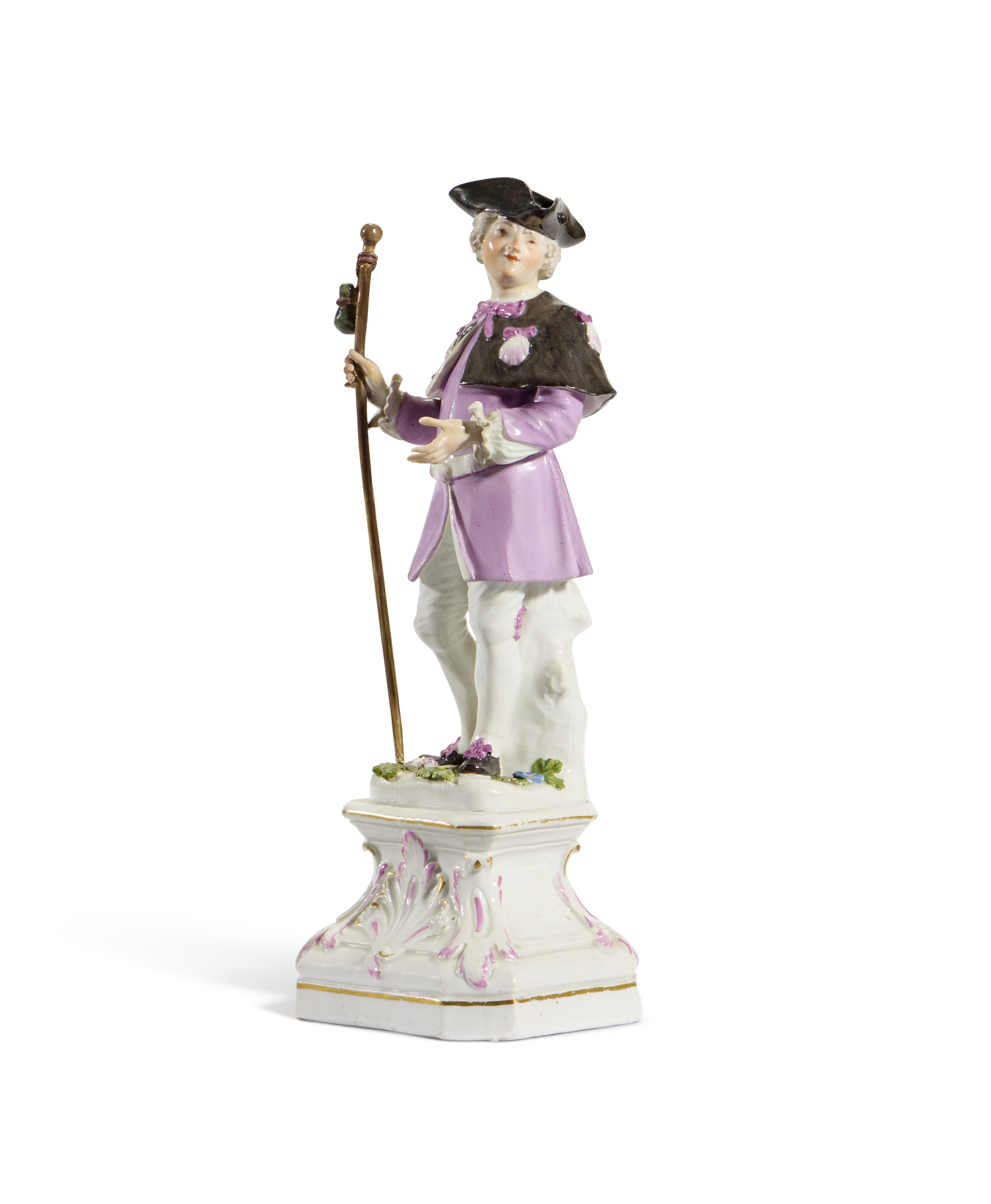 A MEISSEN PORCELAIN FIGURE OF A PILGRIM ON A PEDESTAL, CIRCA 1750