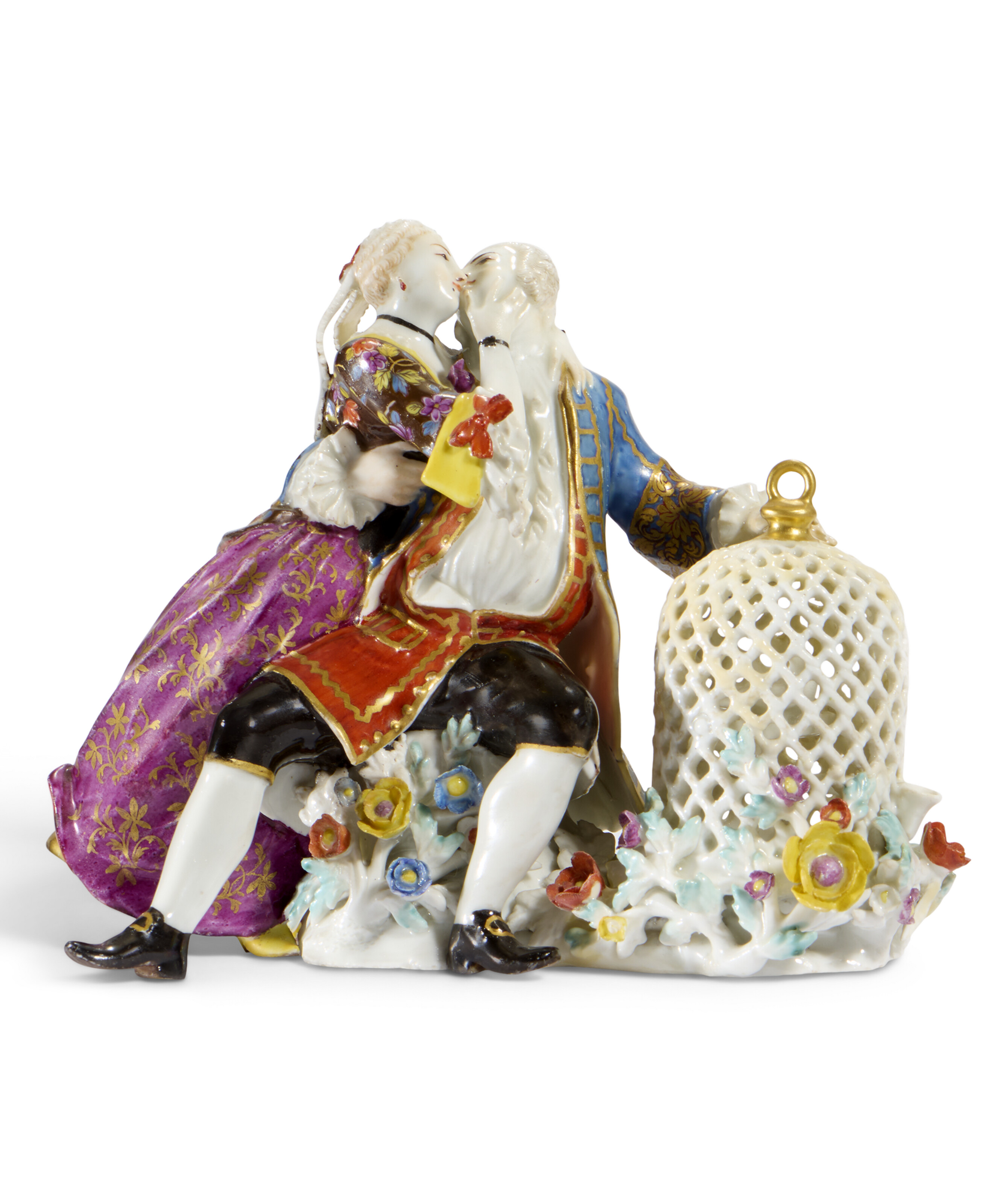 A Meissen porcelain group of a pair of lovers with a bird cage modelled by J.J. Kandler, circa 1736-37, offered in Meissen Figures and Snuff-boxes from the Collection of Franz E. Burda until 25 September 2024 at Christie's Online