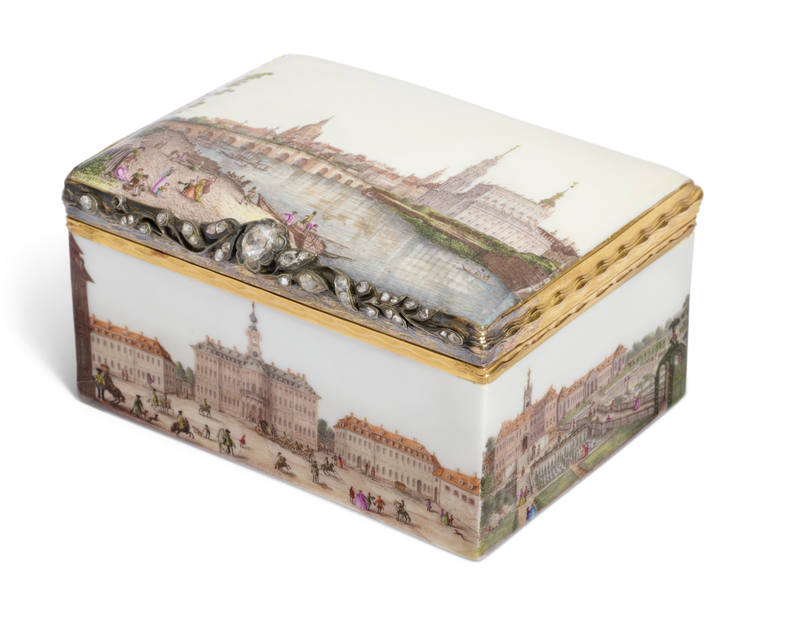 A gold, silver and diamond-mounted Meissen porcelain Royal topographical rectangular snuff-box and cover, circa 1747-57, offered in Meissen Figures and Snuff-boxes from the Collection of Franz E. Burda until 25 September 2024 at Christie's Online