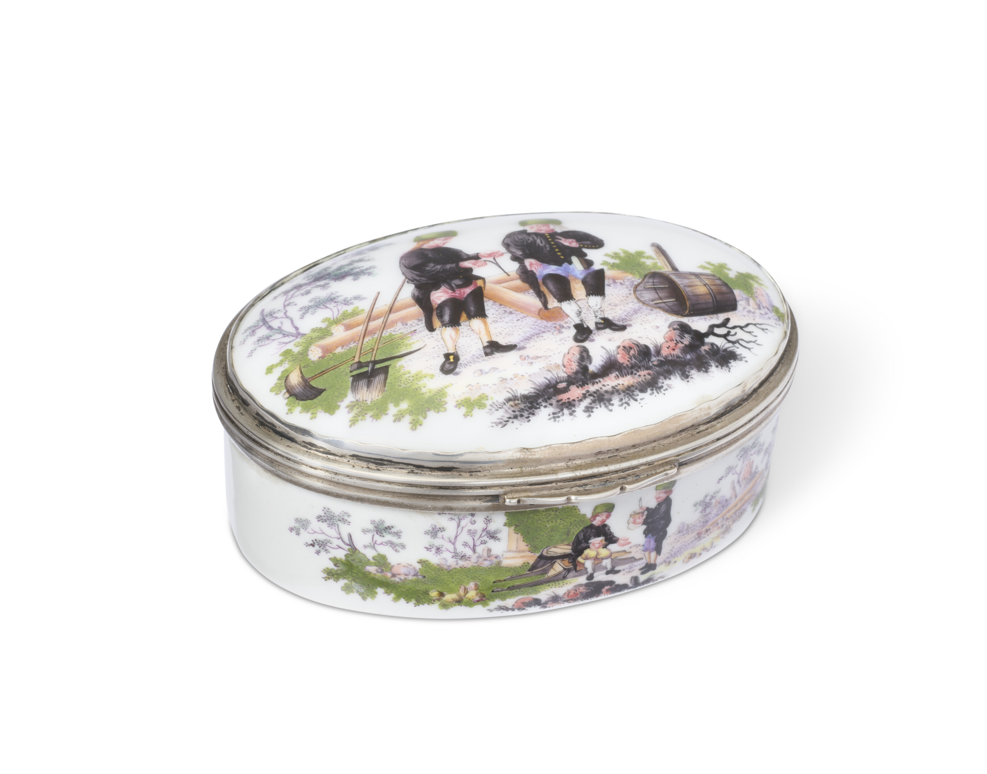 A MEISSEN PORCELAIN SILVER-MOUNTED OVAL SNUFF-BOX AND COVER, 19TH