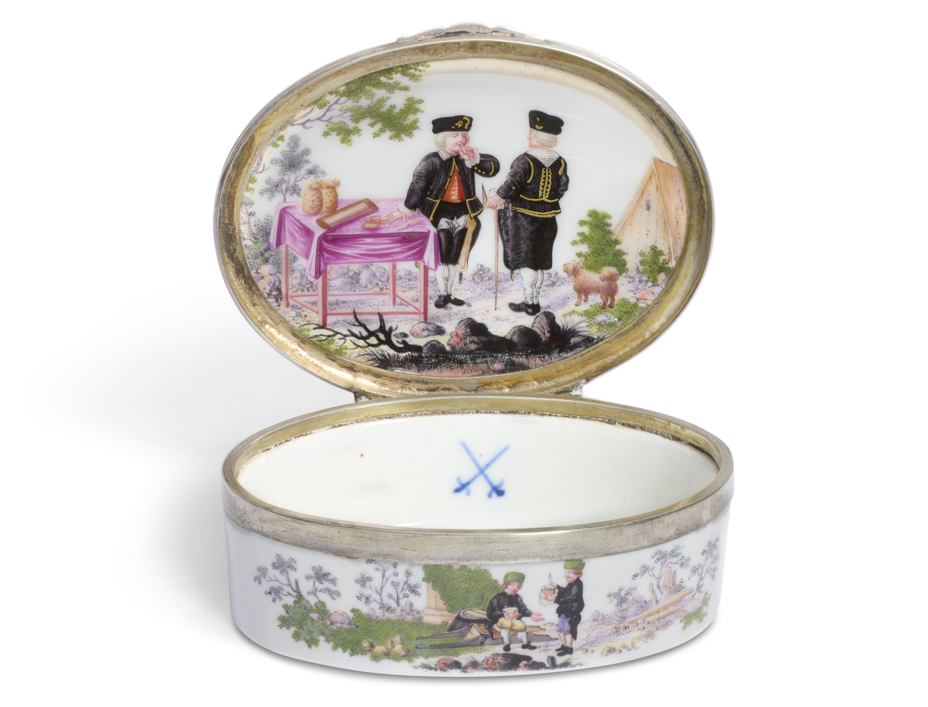 A MEISSEN PORCELAIN SILVER-MOUNTED OVAL SNUFF-BOX AND COVER, 19TH