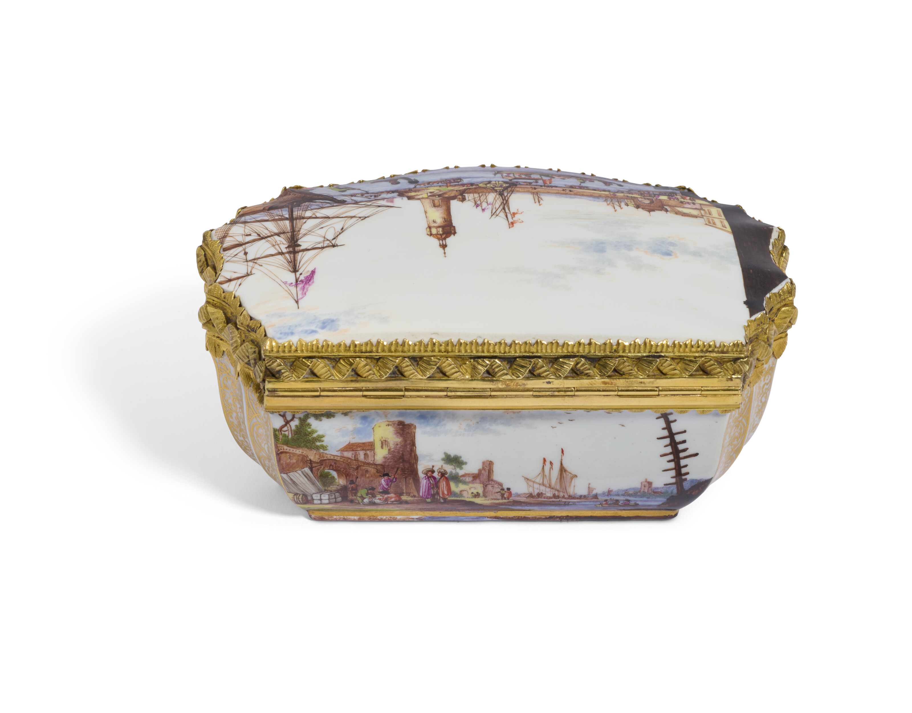 A GILT-METAL-MOUNTED MEISSEN PORCELAIN LARGE SNUFF-BOX AND COVER