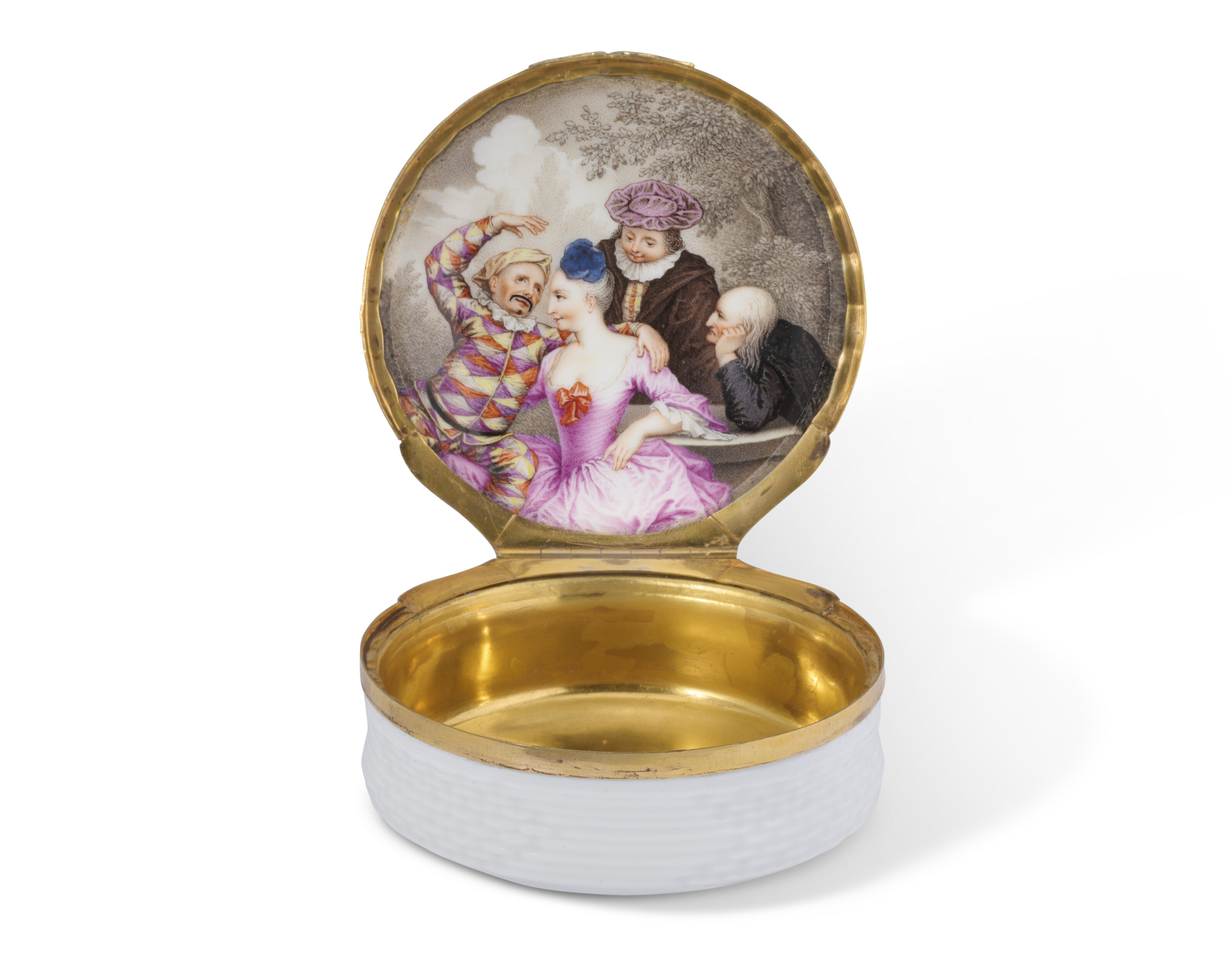 A GILT-METAL-MOUNTED MEISSEN PORCELAIN CIRCULAR SNUFF-BOX