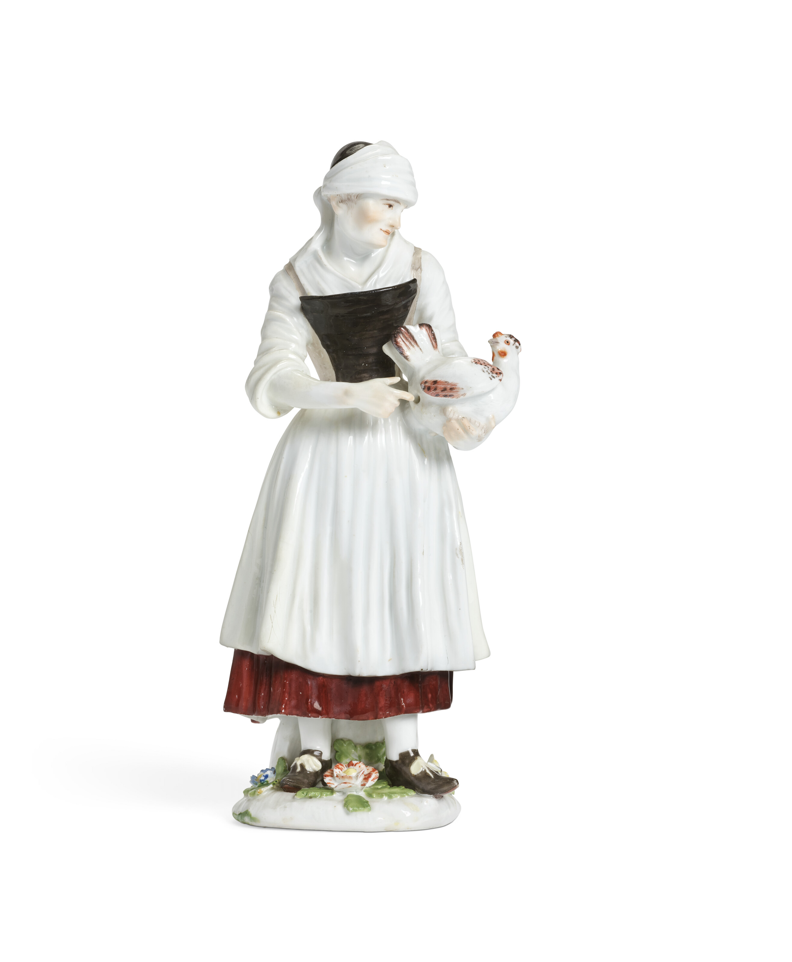 A MEISSEN PORCELAIN FIGURE OF A PEASANT WOMAN WITH A HEN, CIRCA