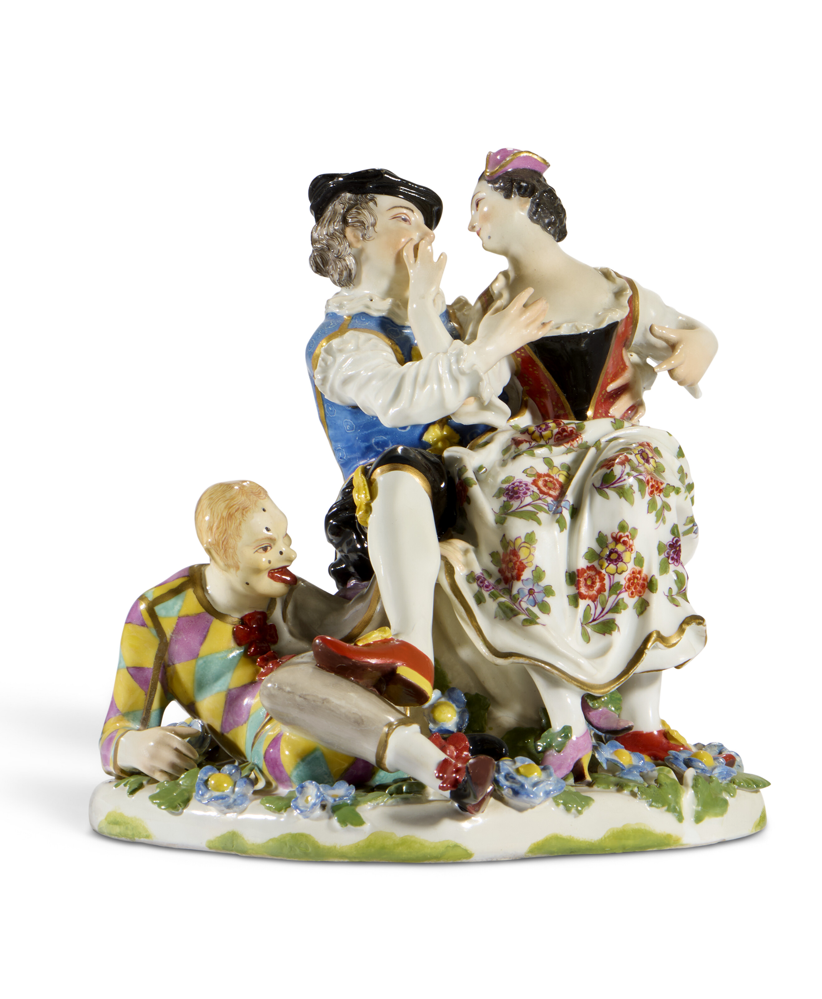 A MEISSEN PORCELAIN GROUP OF 'THE INDISCREET HARLEQUIN', CIRCA