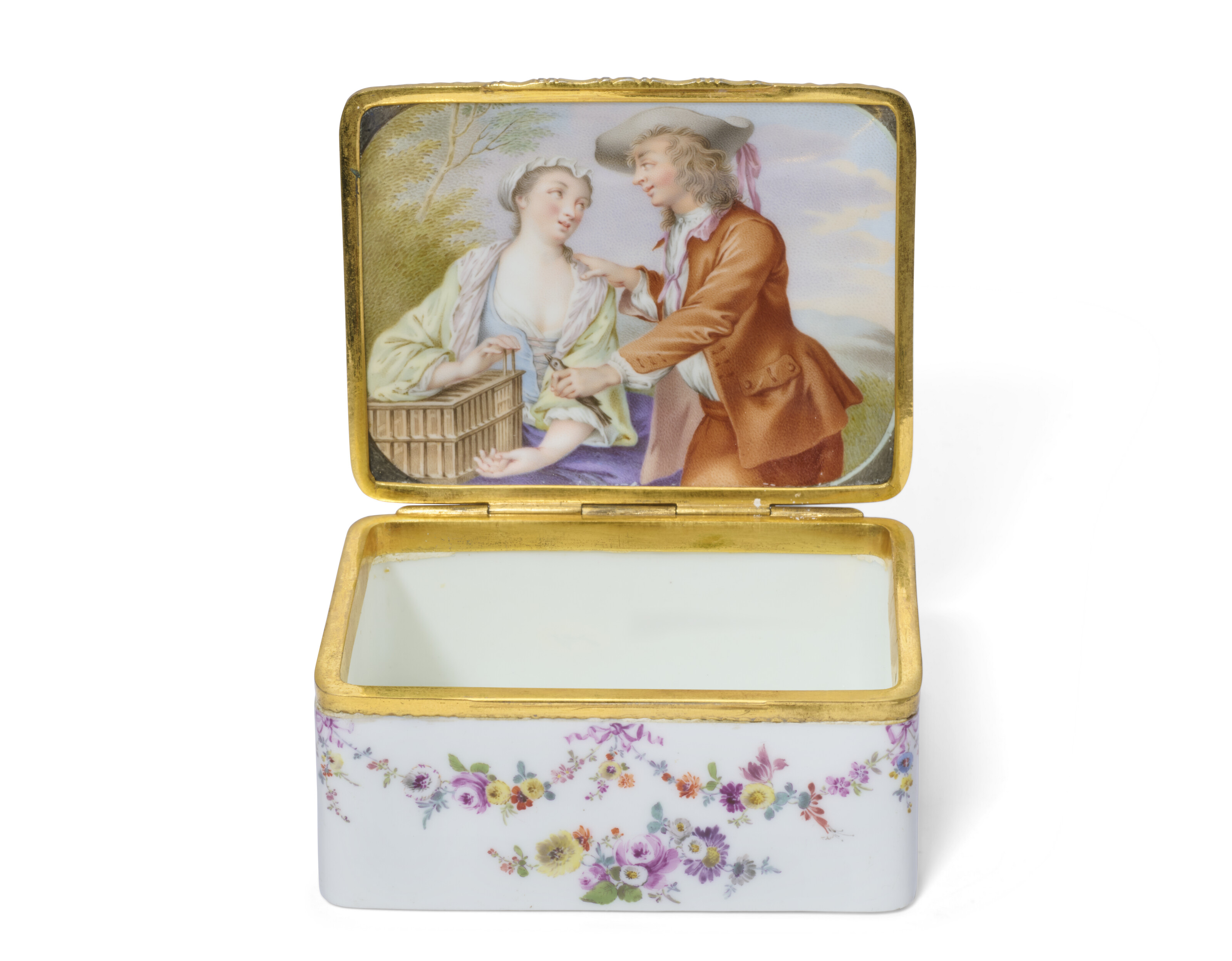 A GILT-METAL-MOUNTED MEISSEN PORCELAIN RECTANGULAR SNUFF BOX AND A