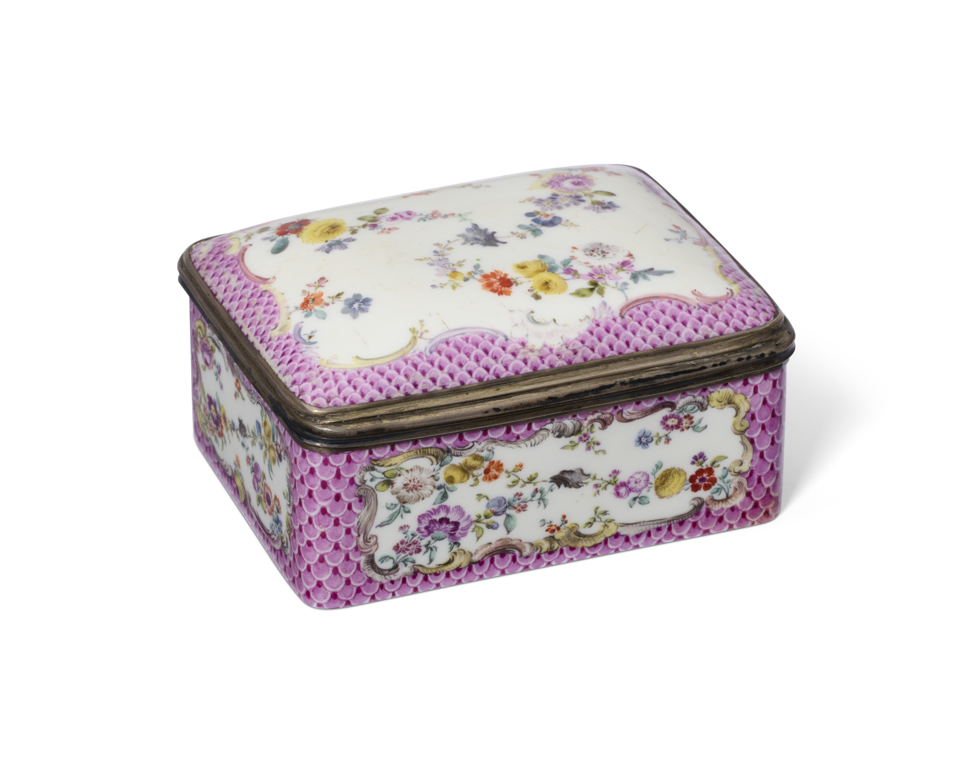 A MEISSEN PORCELAIN SILVER-MOUNTED RECTANGULAR PUCE SCALE-PATTERN SNUFF ...