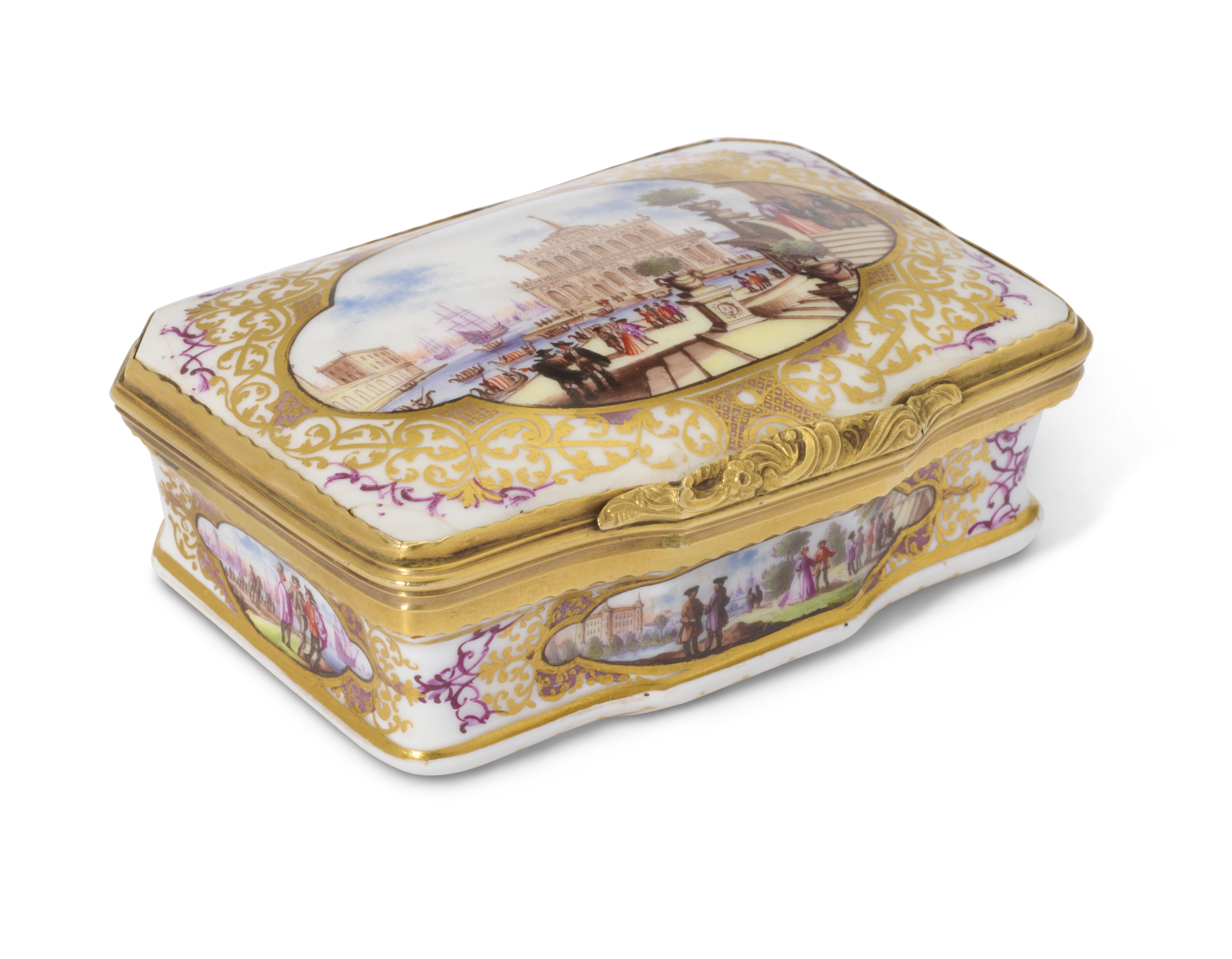 A GILT-METAL-MOUNTED MEISSEN PORCELAIN SHAPED-RECTANGULAR SNUFF