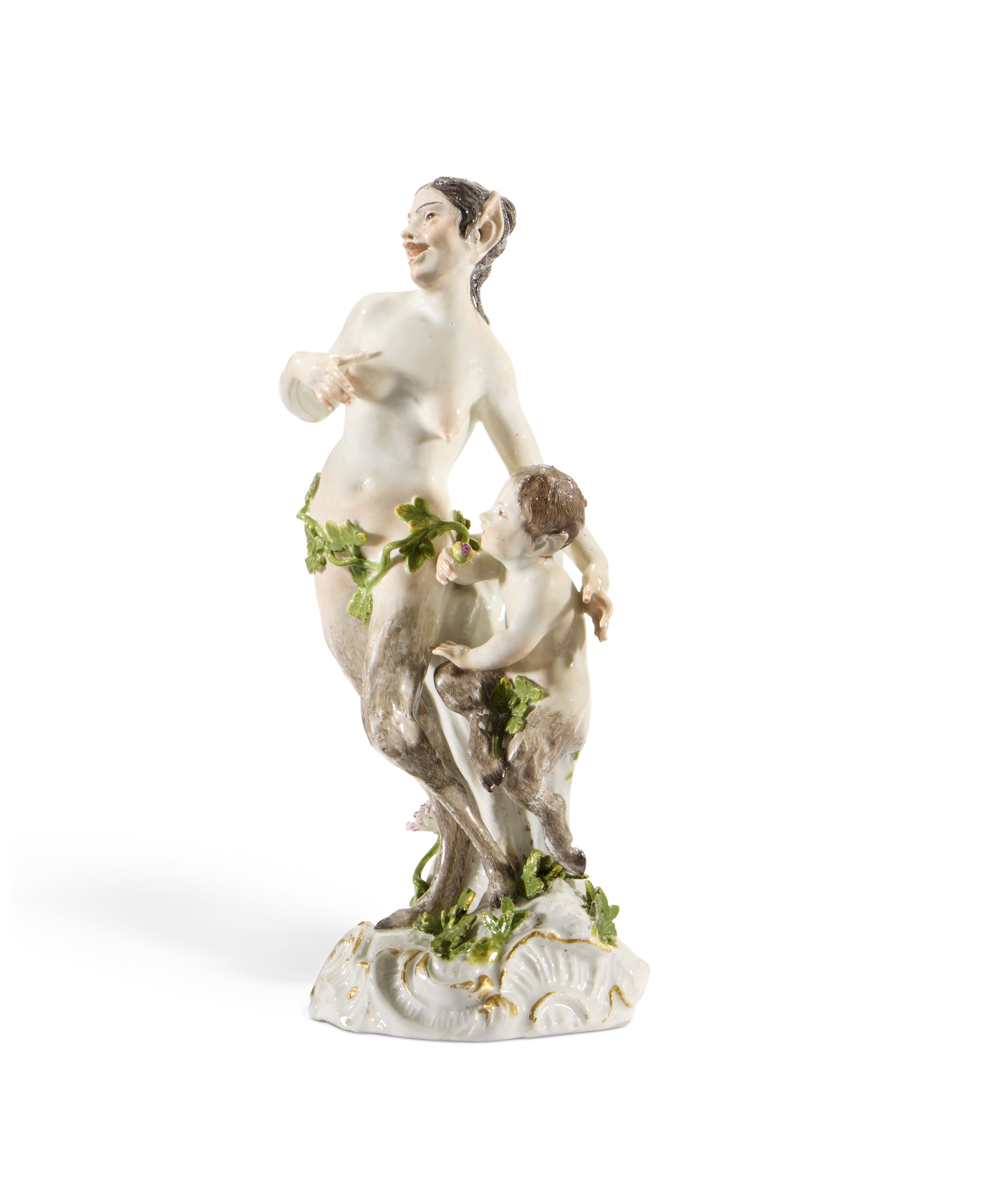 A MEISSEN PORCELAIN GROUP OF A FEMALE SATYR, CIRCA 1750, TRACES OF