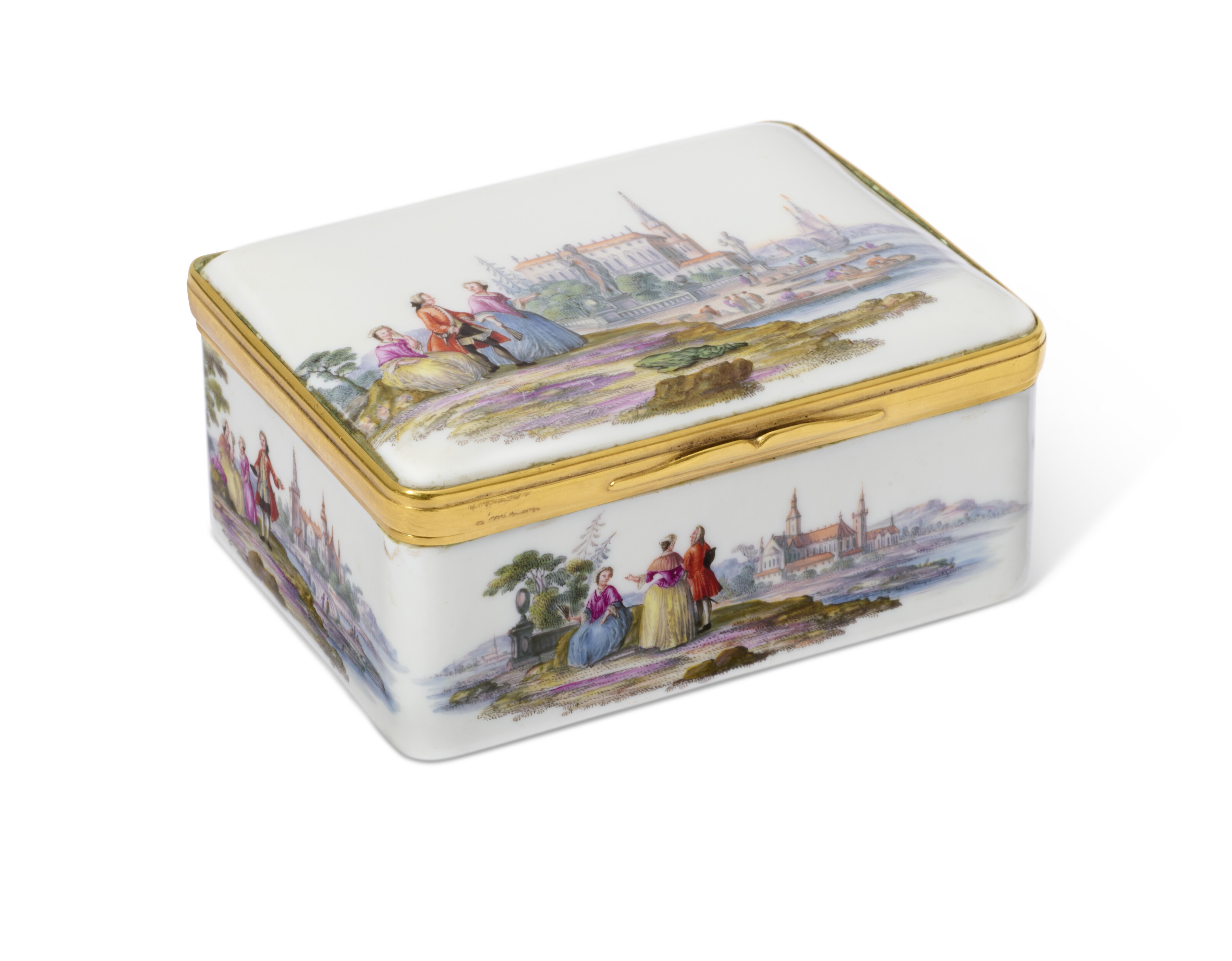 A MEISSEN PORCELAIN GILT-METAL MOUNTED SNUFF-BOX AND COVER, CIRCA