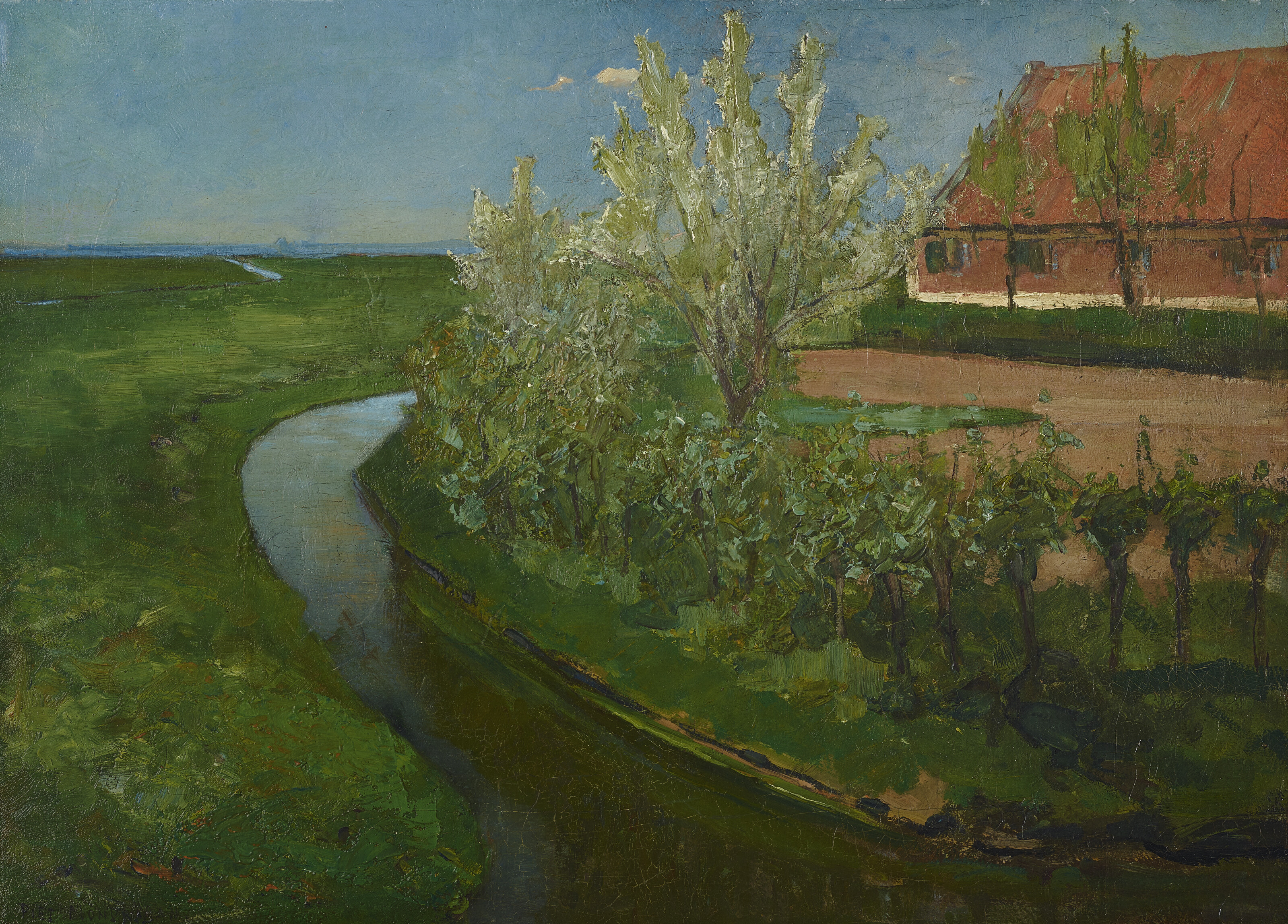 Curved Irrigation Ditch Bordering Farmyard with Flowering Trees (Gebogen irrigatiegracht grenzend aan boerenerf met Bloeiende bomen)