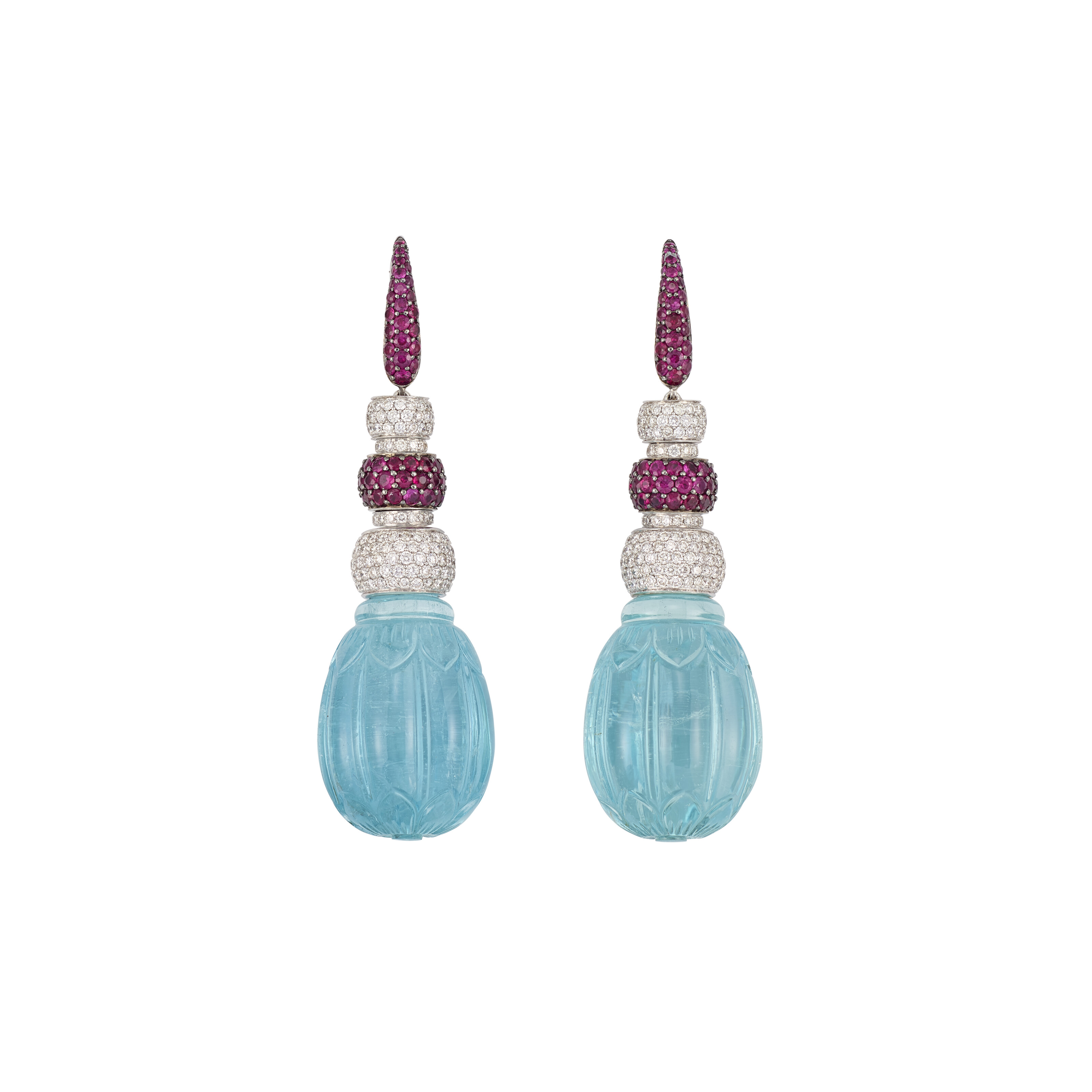 Catalog image of MICHELE DELLA VALLE AQUAMARINE, RUBY AND DIAMOND EARRINGS