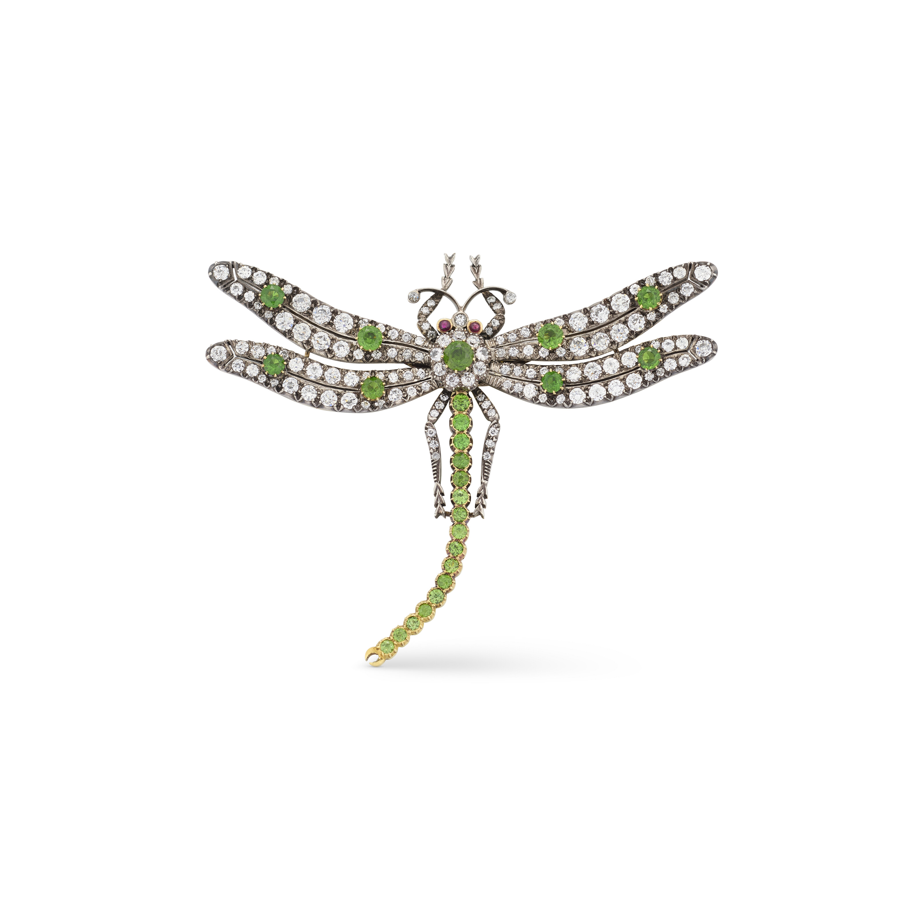 Catalog image of BENTLEY & SKINNER DEMANTOID GARNET, RUBY AND DIAMOND DRAGONFLY BROOCH