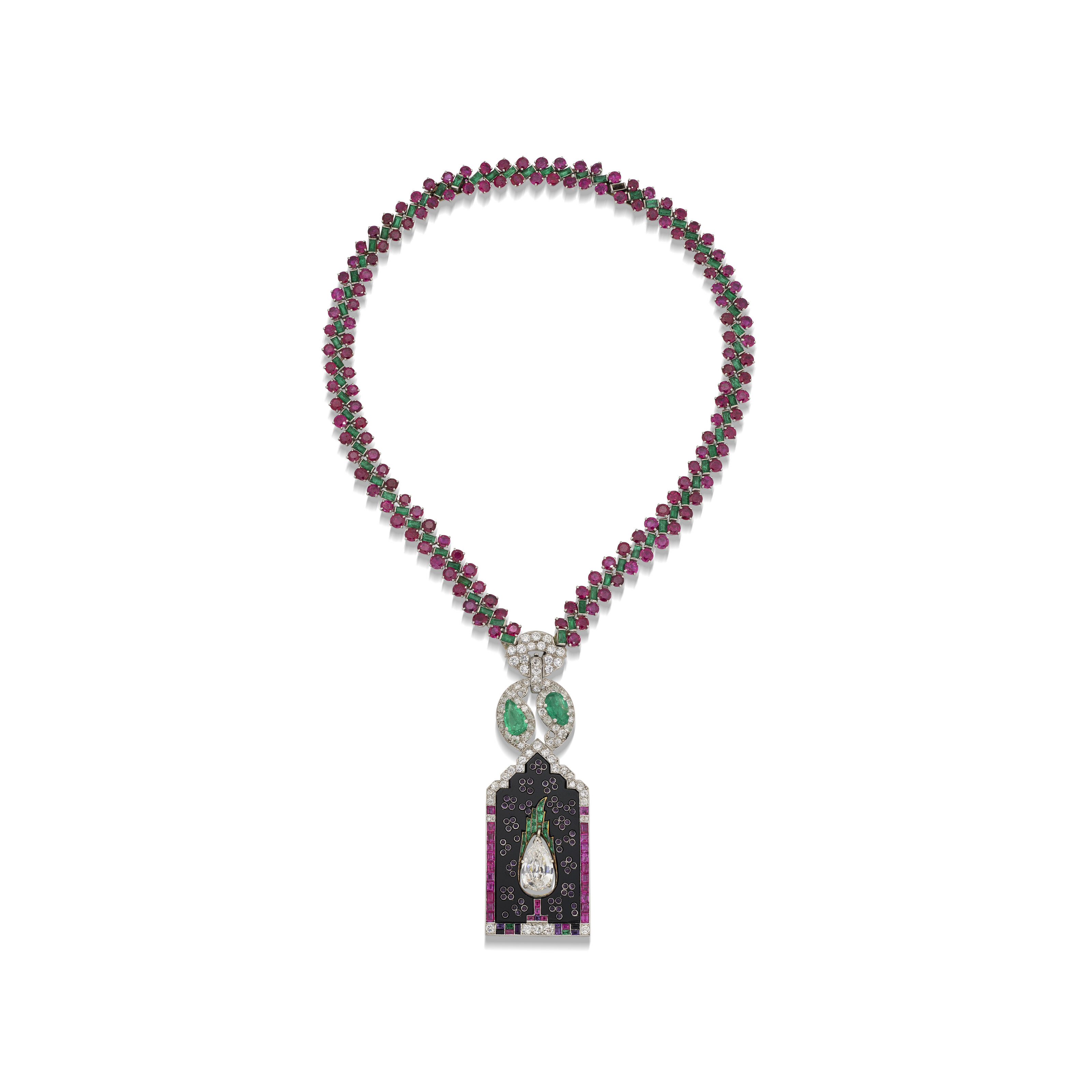 Art deco emerald ruby onyx diamond amethyst and cubic zirconia