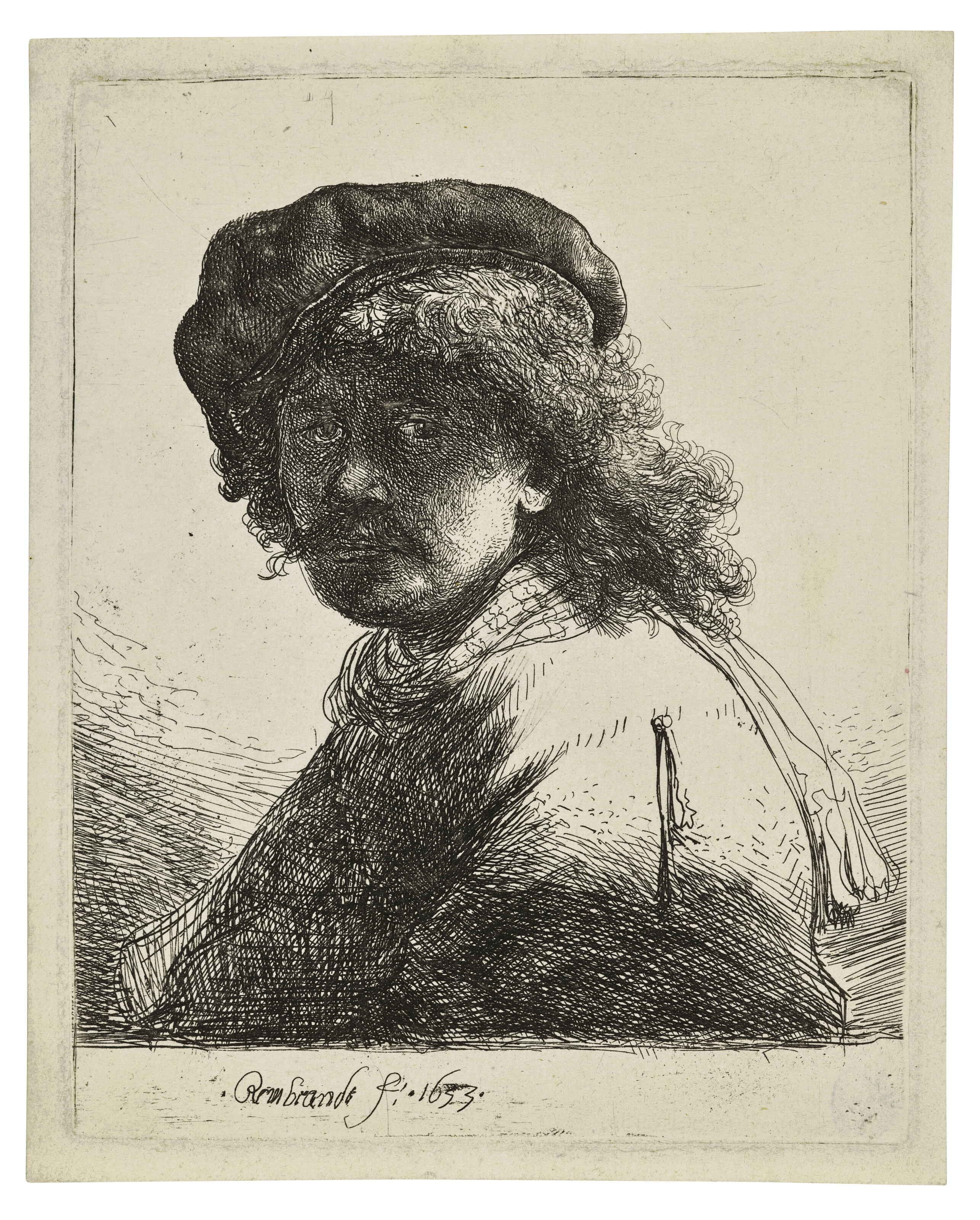 Rembrandt, Self-Portrait in a Cap and Scarf with the Face dark: Bust, 1633, offered in The Sam Josefowitz Collection: Graphic Masterpieces by Rembrandt van Rijn - Part II on 5 December 2024 at Christie's in London