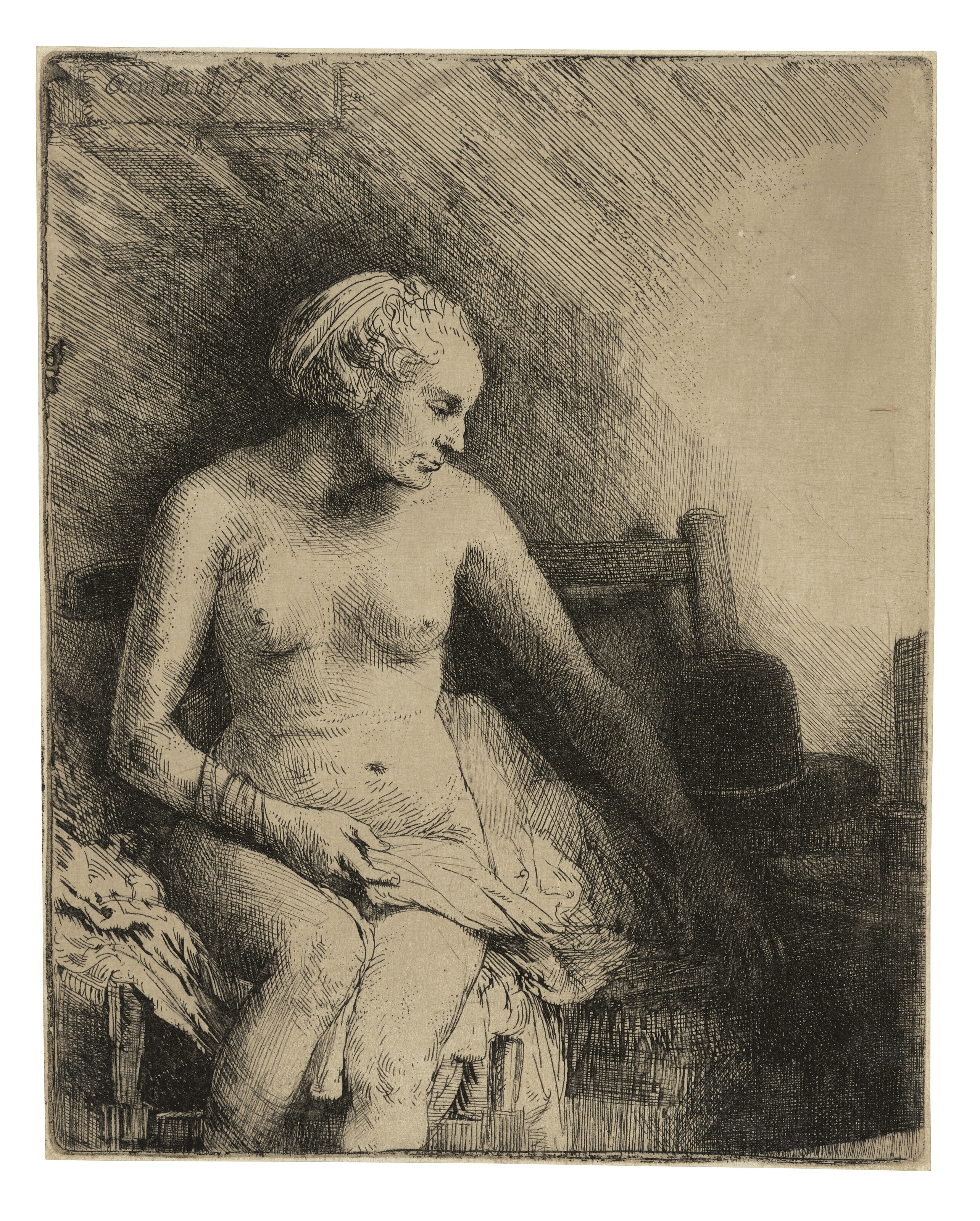 Rembrandt, Woman at the Bath with a Hat beside her, 1658, offered in The Sam Josefowitz Collection: Graphic Masterpieces by Rembrandt van Rijn - Part II on 5 December 2024 at Christie's in London
