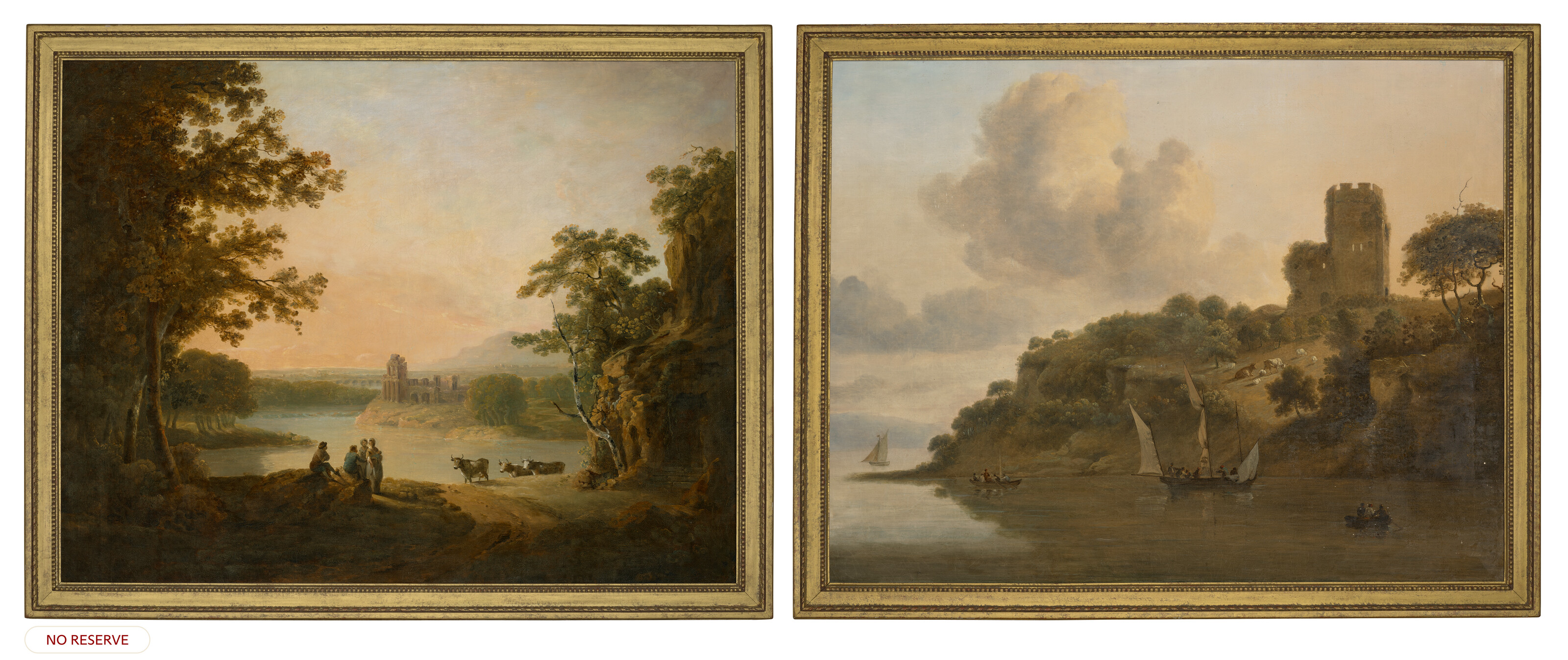 An extensive wooded river landscape with figures and cattle, ruins and other settlements beyond; and Castle ruins in a river landscape with boats and cattle