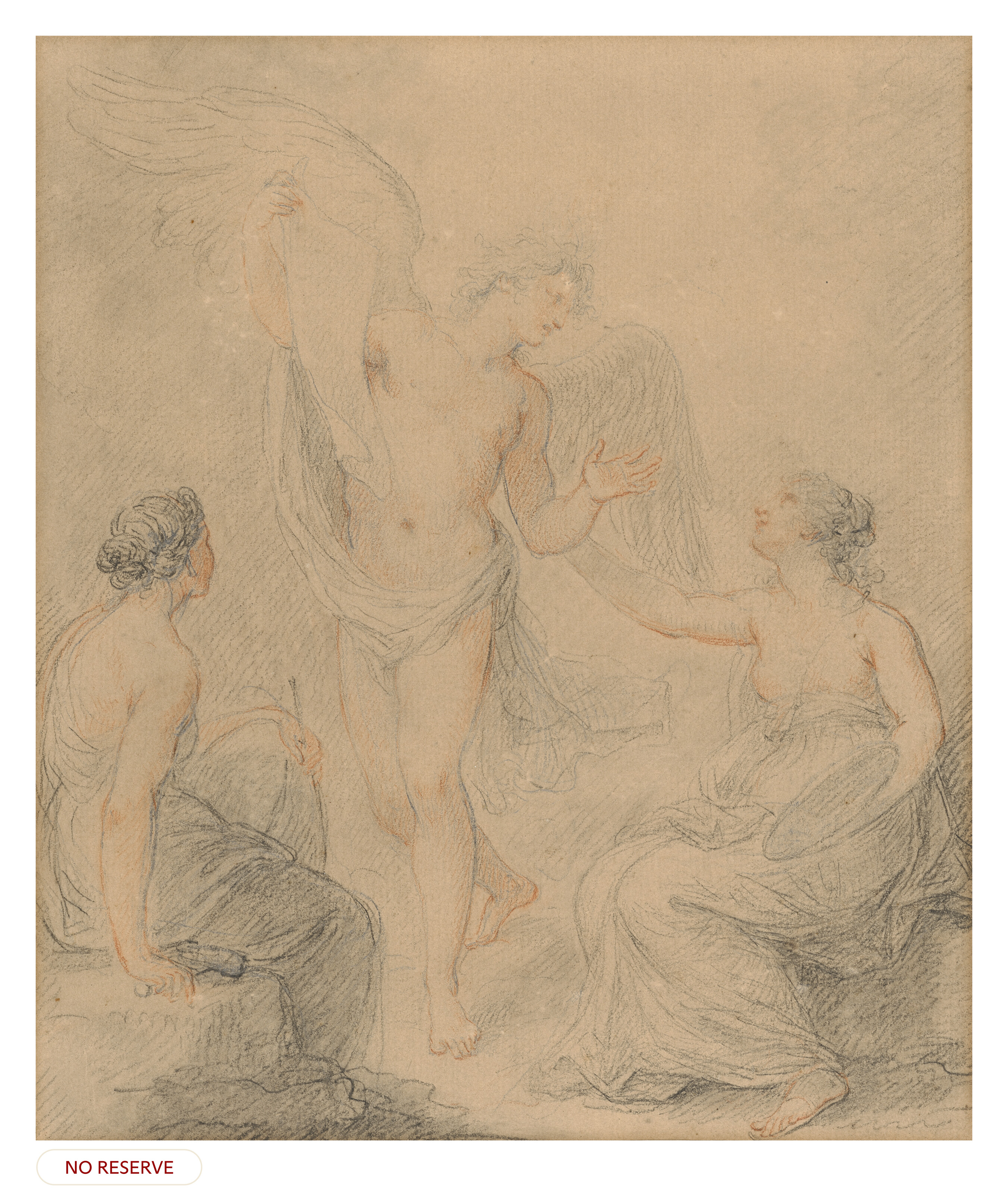 A winged messenger addressing the Muses of Sculpture and Painting
