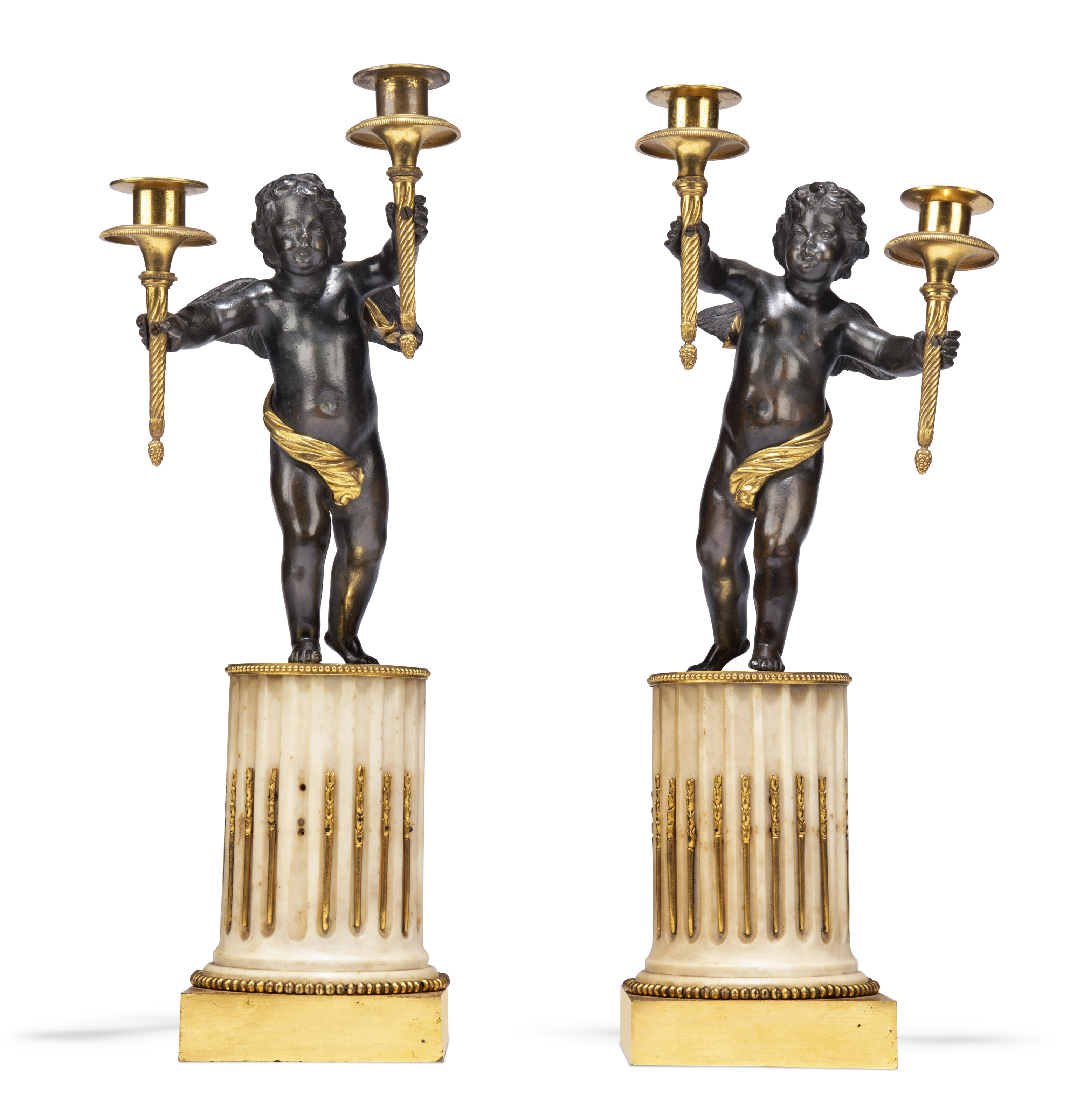 Pair Of French Bronze & Marble Candelabras