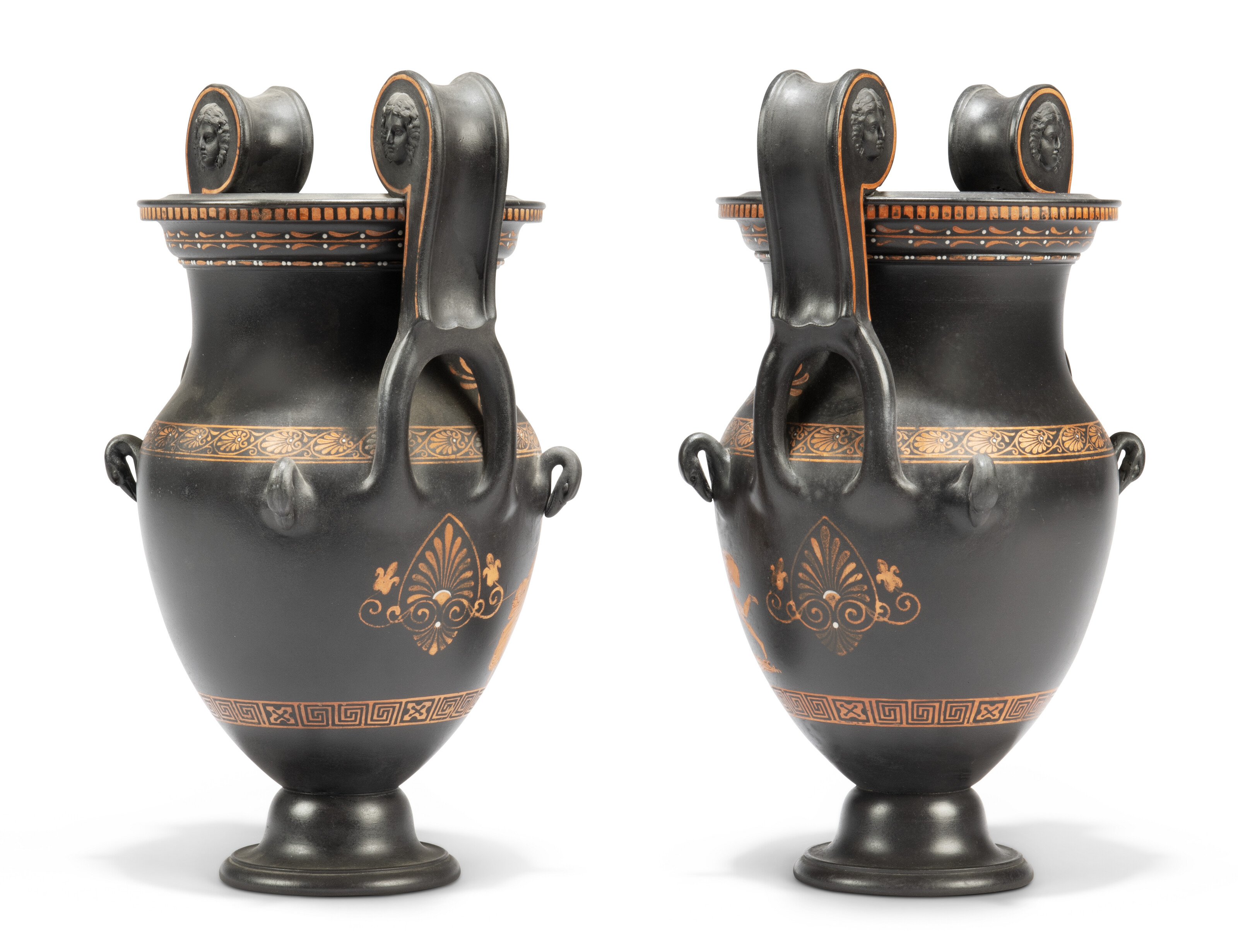 A PAIR OF WEDGWOOD BLACK BASALT ENCAUSTIC-DECORATED VOLUTE KRATER