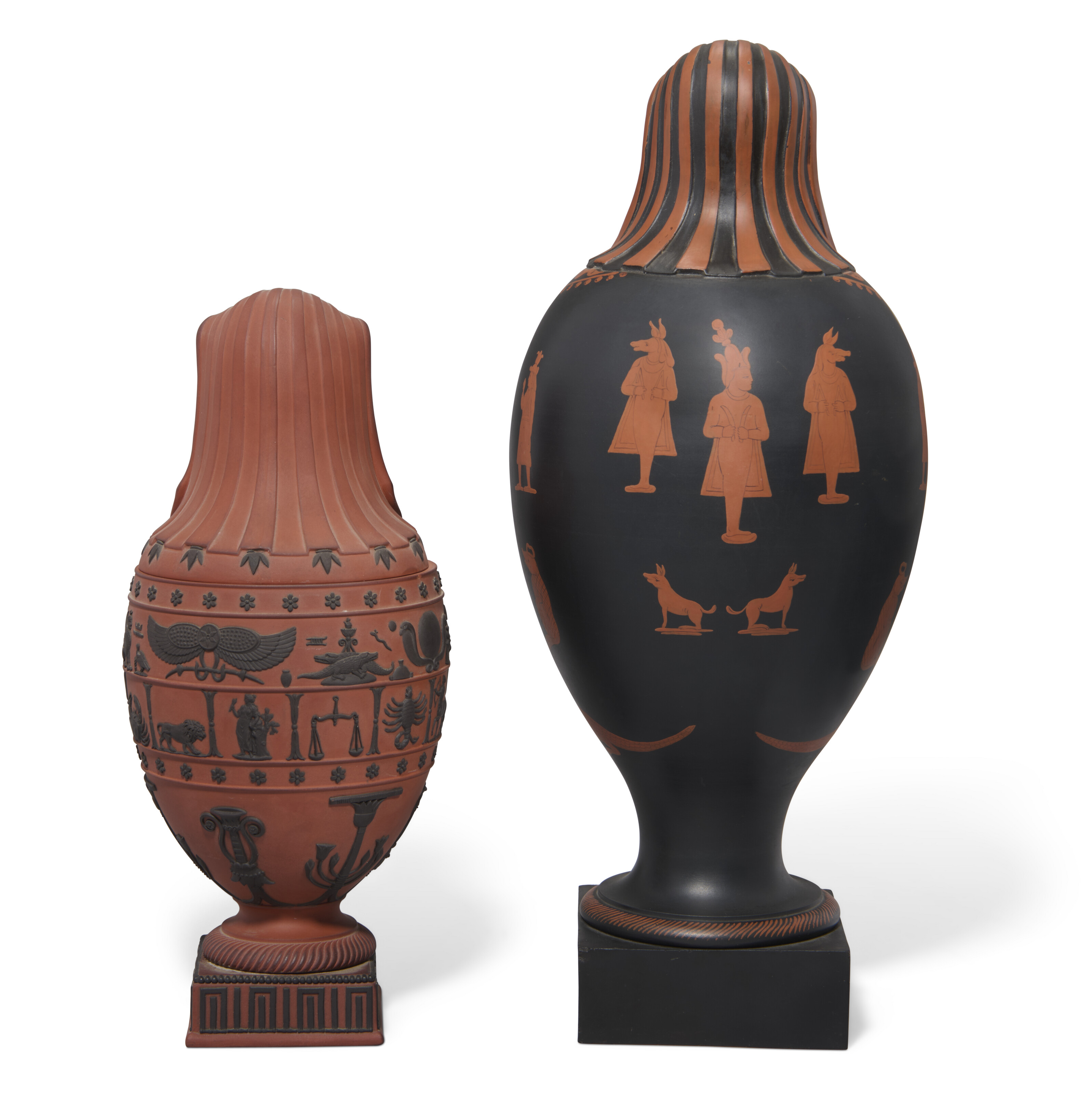 A WEDGWOOD & BENTLEY BLACK BASALT ENCAUSTIC-DECORATED CANOPIC JAR