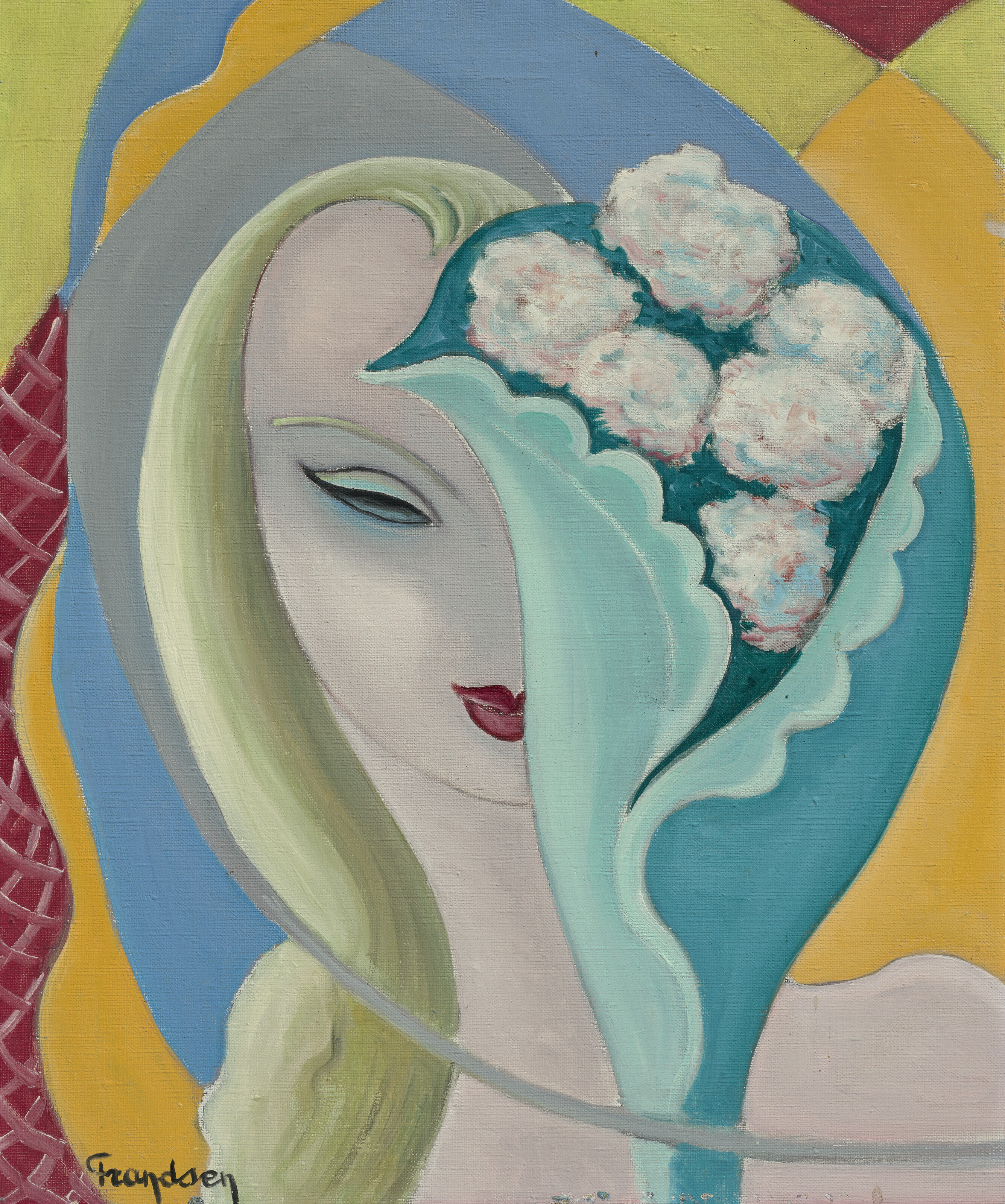 Emile Theodore Frandsen de Schomberg, La jeune fille au bouquet, circa 1950-55. The original painting used as the cover artwork for the 1970 Derek and the Dominos album Layla and Other Assorted Love Songs, offered in The Pattie Boyd Collection, 8-22 March 2024 at Christie's Online