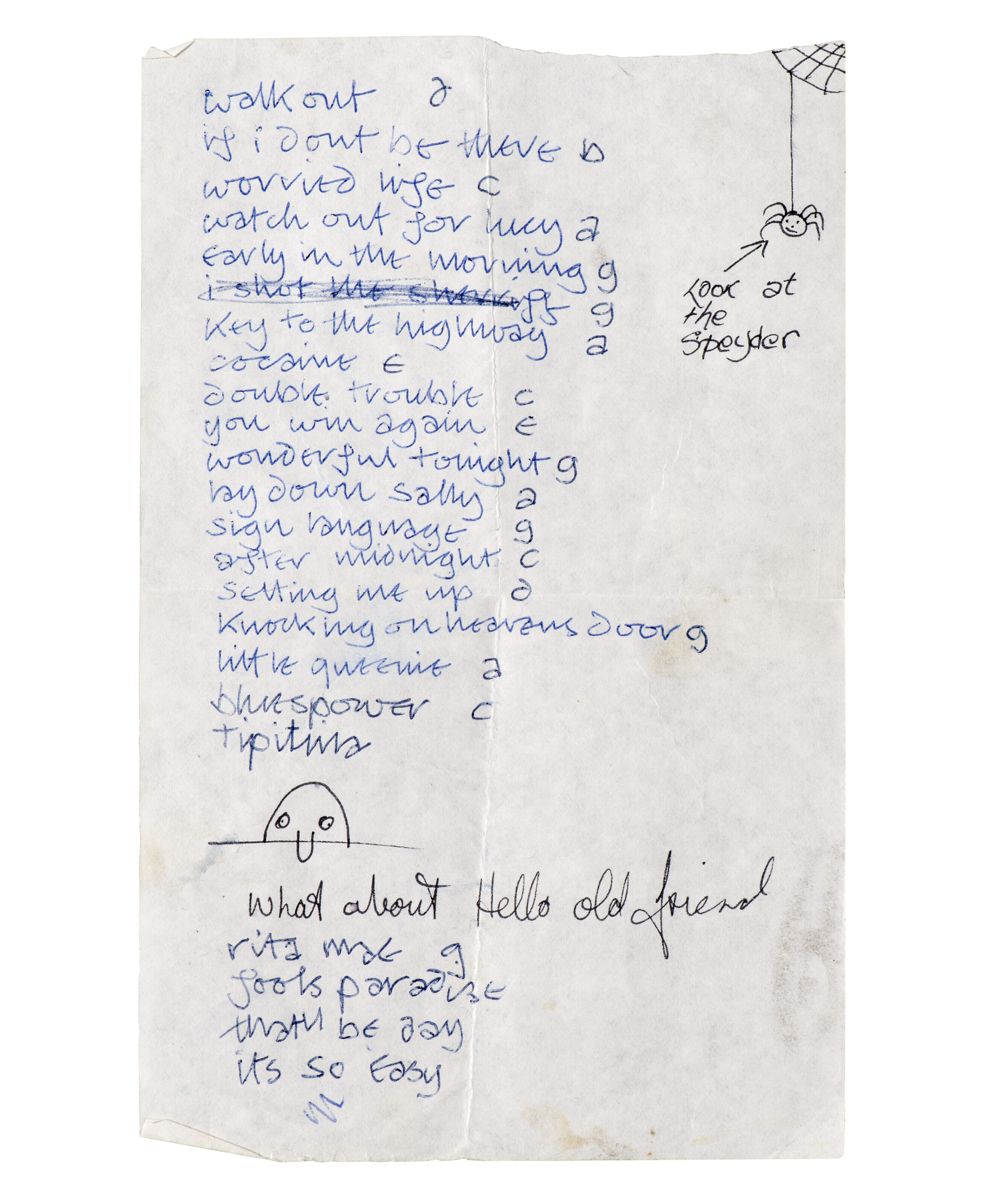 Eric Clapton, A handwritten set list, circa 1980 | Christie's
