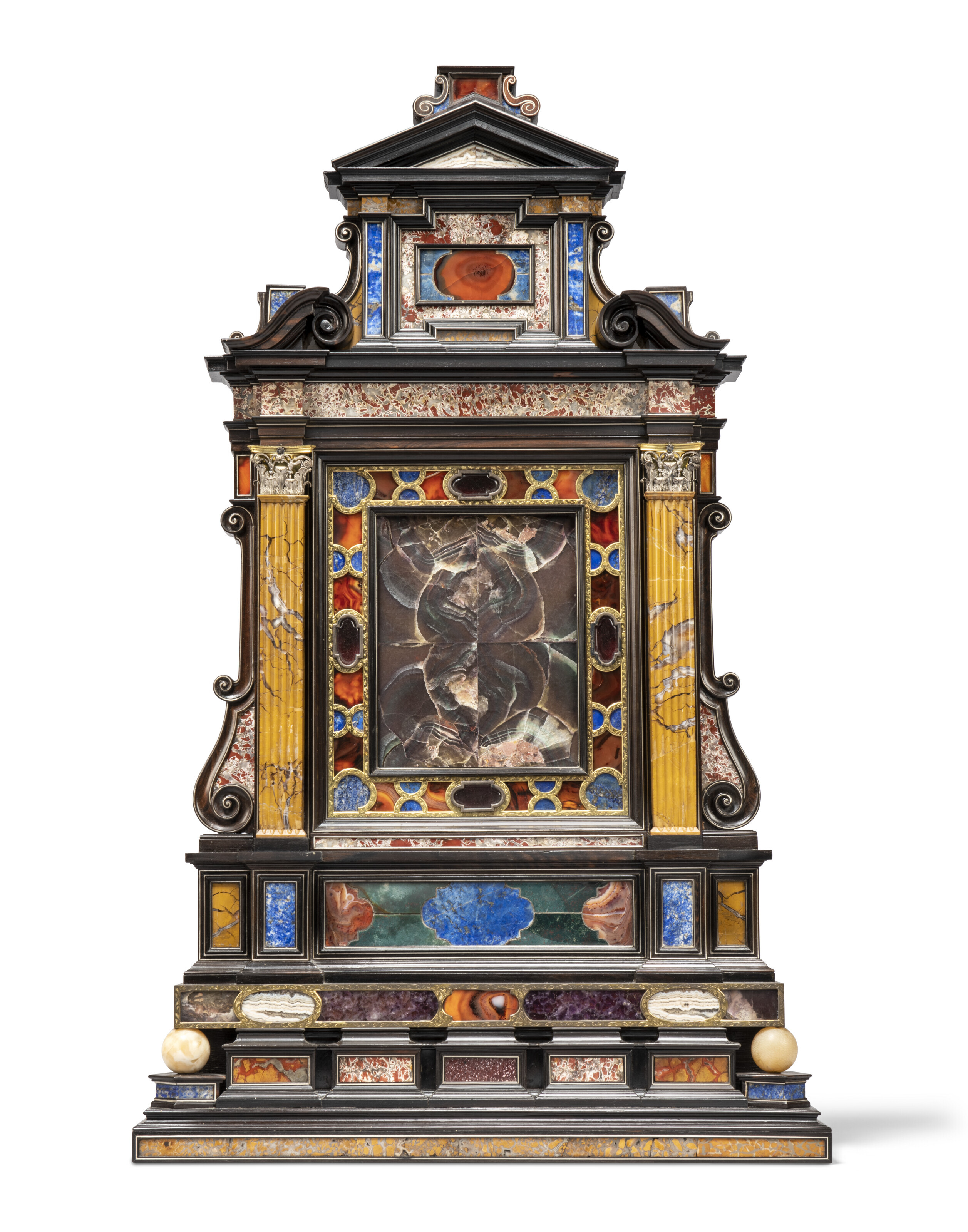 An Italian pietra dura and ebony house altar, 19th century, incorporating some earlier elements, offered in Philip Hewat-Jaboor: An Eye for the Magnificent on 8 February 2024 at Christie's in London