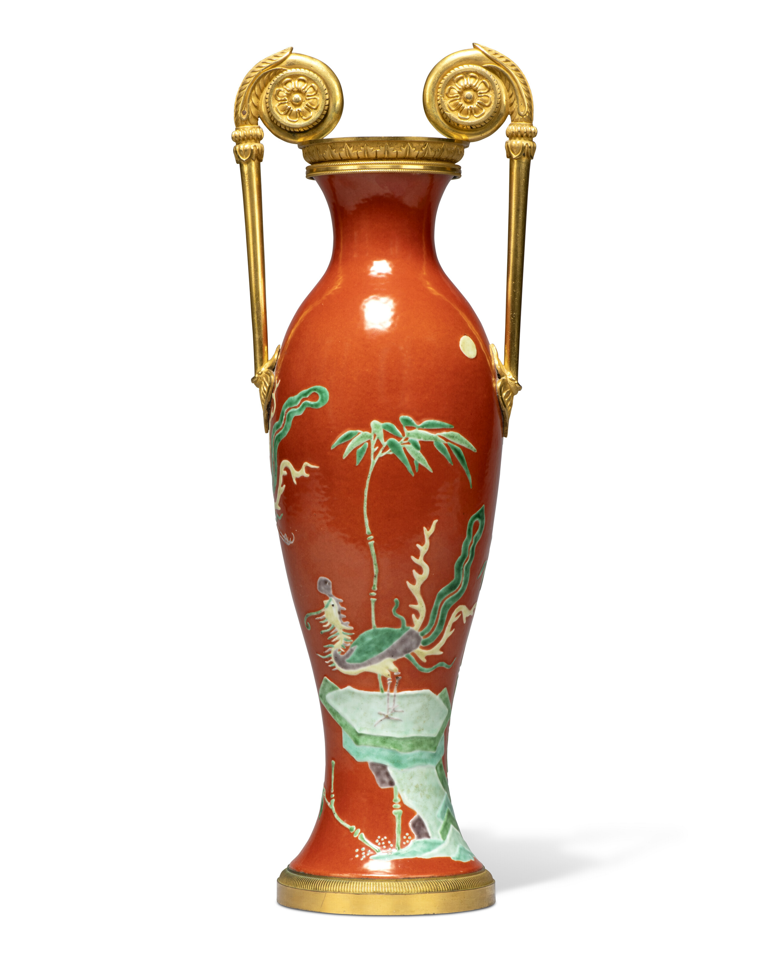 A Regency gilt-bronze-mounted Chinese porcelain coral-ground vase, attributed to Vulliamy & Co, London. The vase Qing, late 18th/early 19th century, the mounts circa 1815, offered in Philip Hewat-Jaboor: An Eye for the Magnificent on 8 February 2024 at Christie's in London