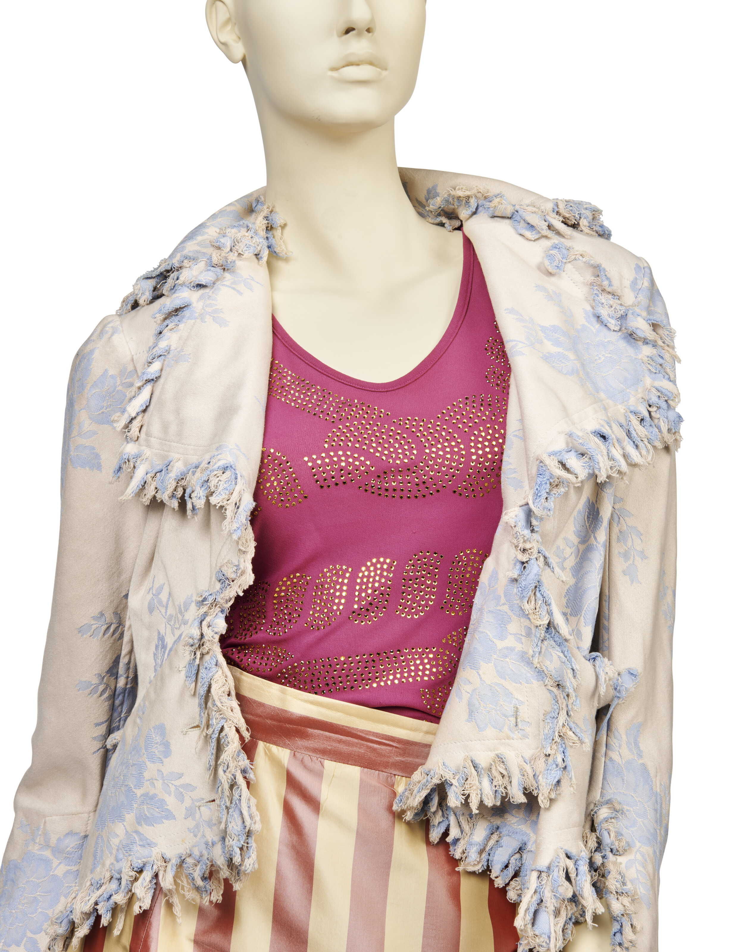 VIVIENNE WESTWOOD, 'TIED TO THE MAST' COLLECTION, SPRING-SUMMER 1998, A  THREE PIECE ENSEMBLE COMPRISING A BLUE DAMASK JACKET, STRIPED TAFFETA SKIRT  AND FUCHSIA JERSEY VEST | Christie's