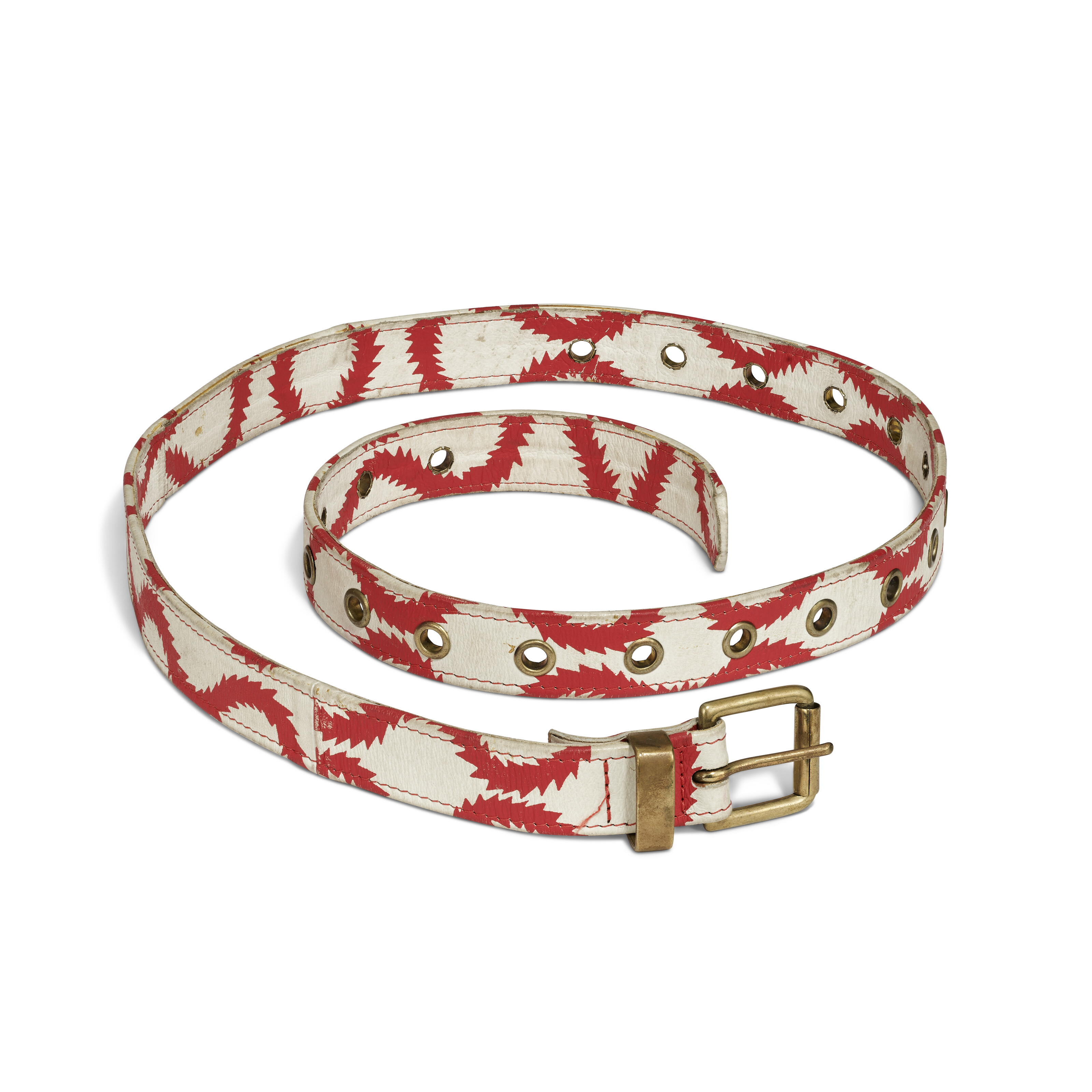 VIVIENNE WESTWOOD, 'CLIMATE REVOLUTION' COLLECTION, SPRING-SUMMER 2013, A  PAIR OF RED AND WHITE LEATHER 'SQUIGGLE' PRINT BOOTS AND MATCHING BELT |  Christie's