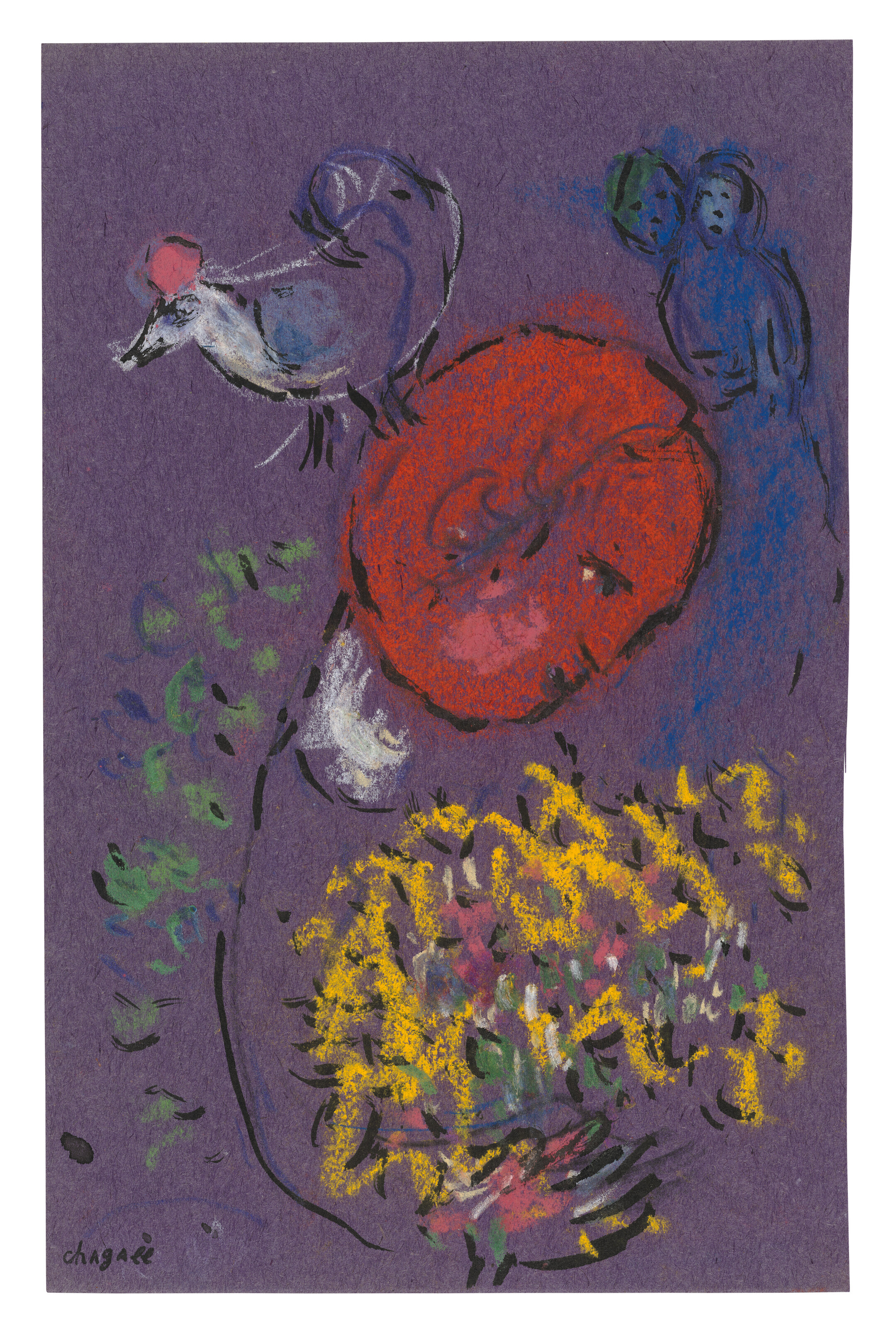 MARC CHAGALL (1887-1985), Profil orange au bouquet sur fond mauve