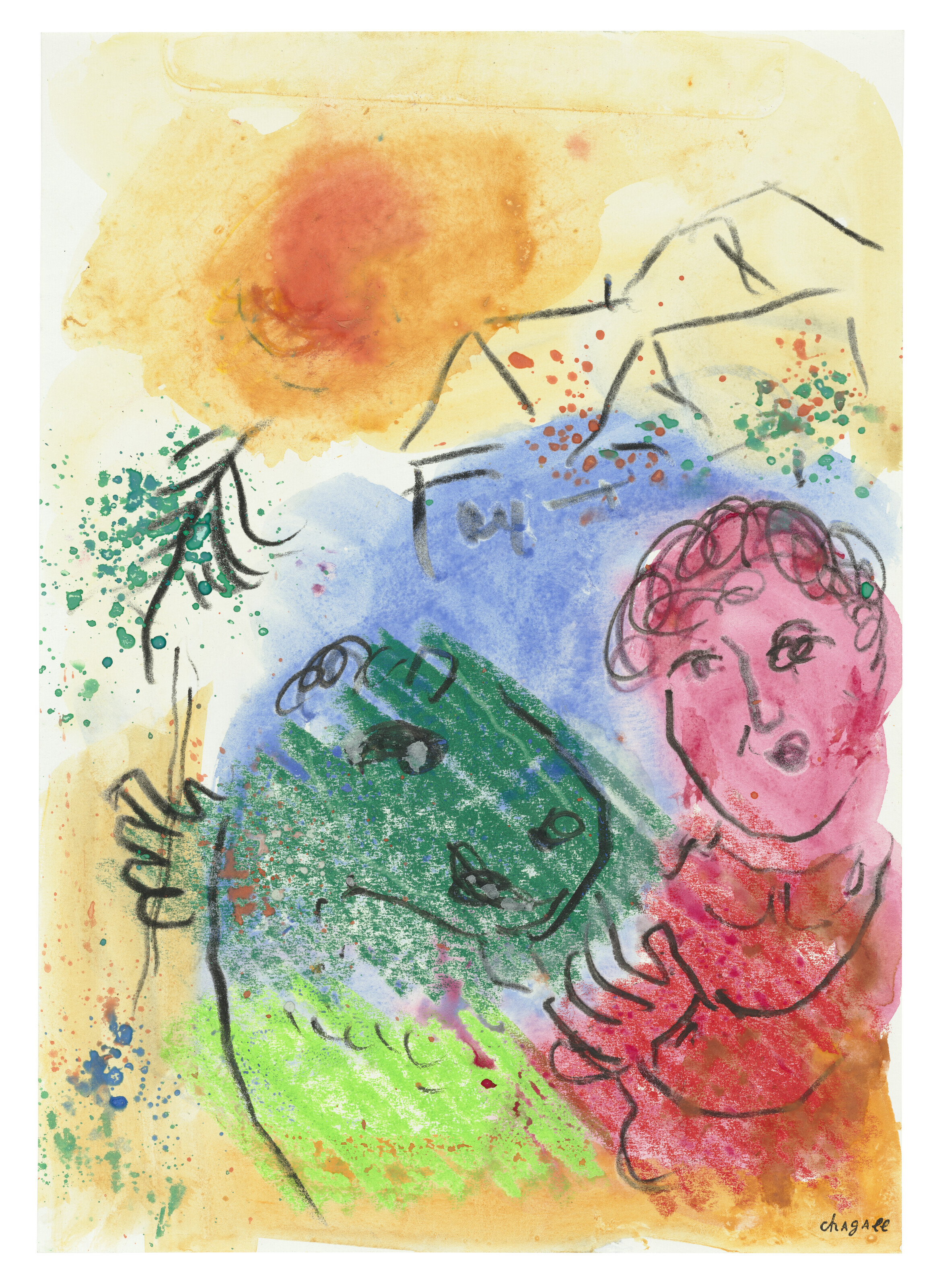 Marc Chagall, Berger en rose et l'ane vert, circa 1978, offered in Marc Chagall - a Dialogue of Self and Soul: Works Formerly from the Artist's Estate until 26 June 2024 at Christie's Online