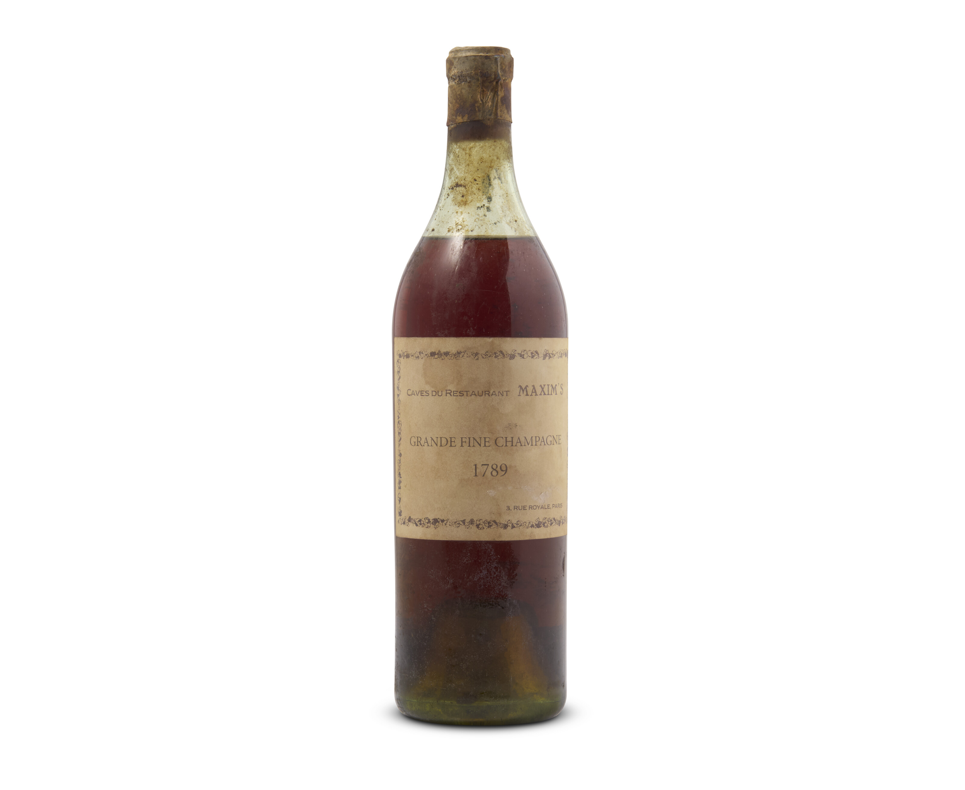 Maxim's Caves du Restaurant, Grande Fine Champagne Cognac 1789, offered in Fine and Rare Wines and Spirits Online, Featuring Ancient Cognac and Part II of The Historical Vintage Port from the Cellars of Raby Castle, until 6 December 2024 at Christie's Online