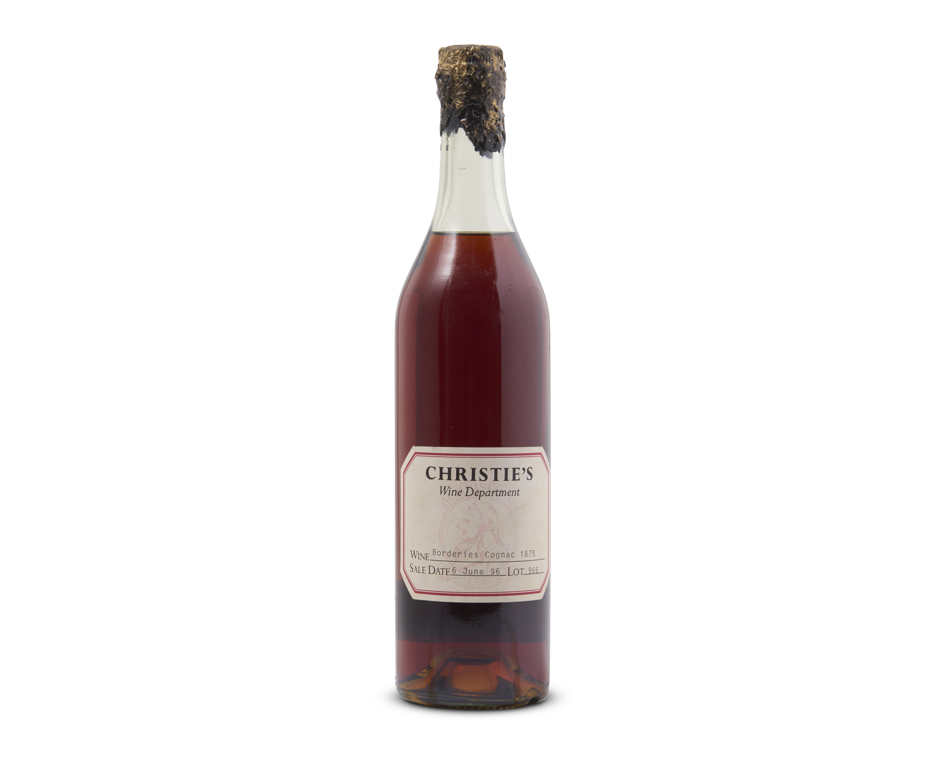Borderies Cognac 1875. Christie's Wine Department label, offered in Fine and Rare Wines and Spirits Online, Featuring Ancient Cognac and Part II of The Historical Vintage Port from the Cellars of Raby Castle, until 6 December 2024 at Christie's Online