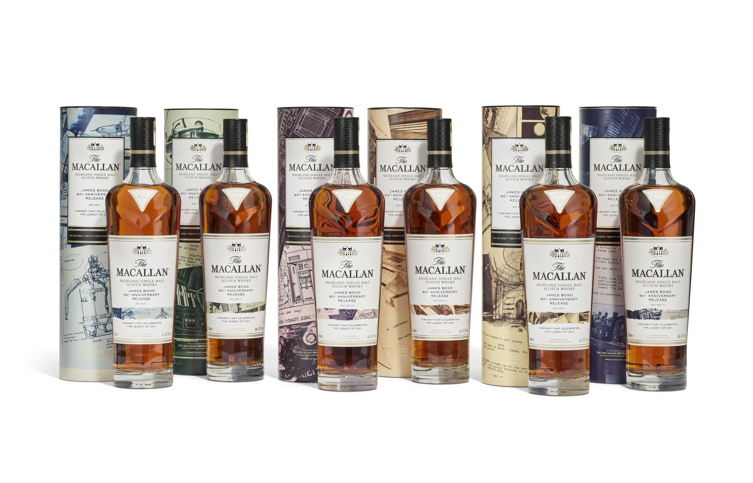 The Macallan, James Bond 60th Anniversary Complete Collection (Decade I-VI), released in 2022, offered in Fine and Rare Wines and Spirits Online, Featuring Ancient Cognac and Part II of The Historical Vintage Port from the Cellars of Raby Castle, until 6 December 2024 at Christie's Online