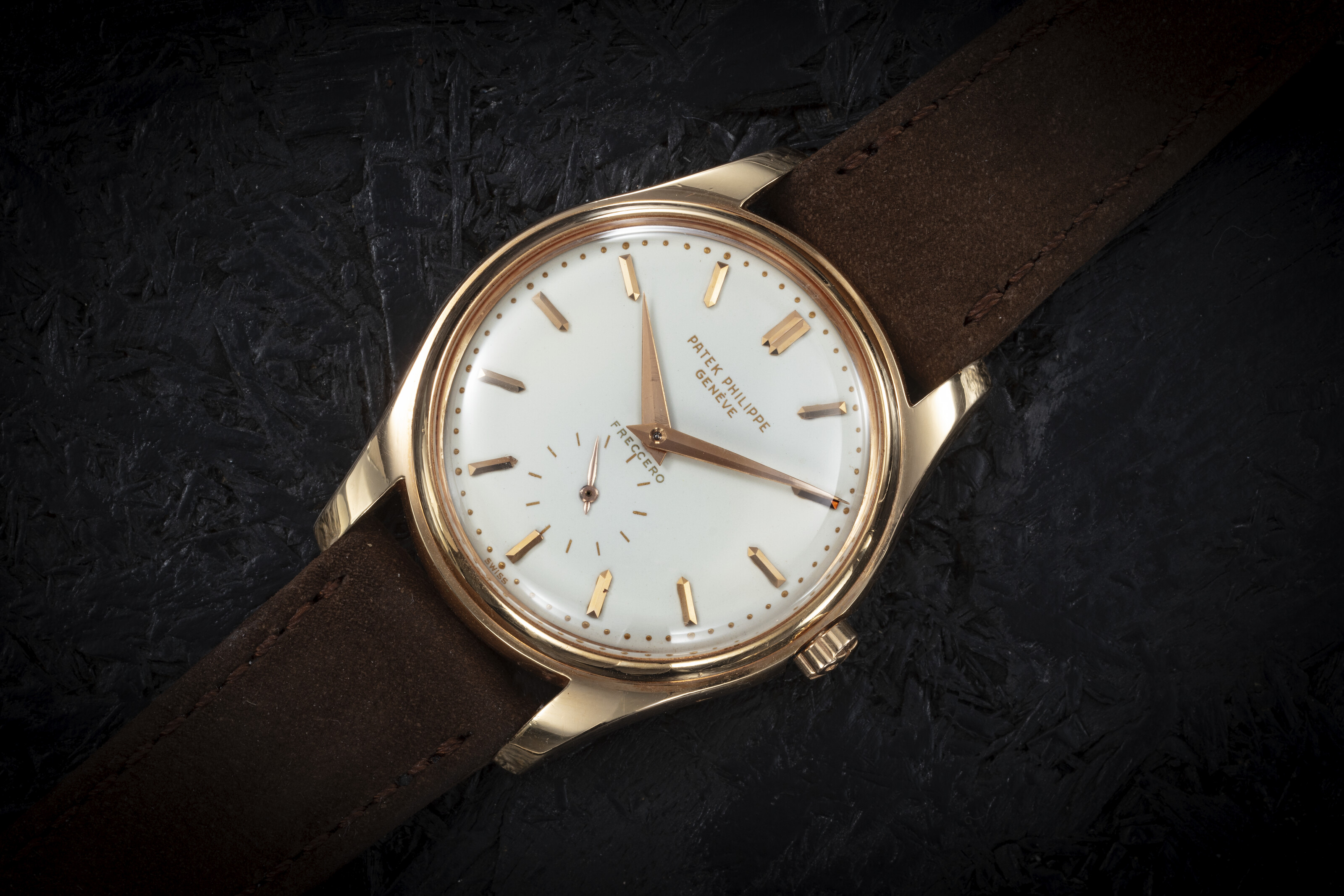 PATEK PHILIPPE REF. 2526 A RARE FIRST SERIES PINK GOLD AUTOMATIC WRISTWATCH WITH ENAMEL DIAL RETAILED BY FRECERRO