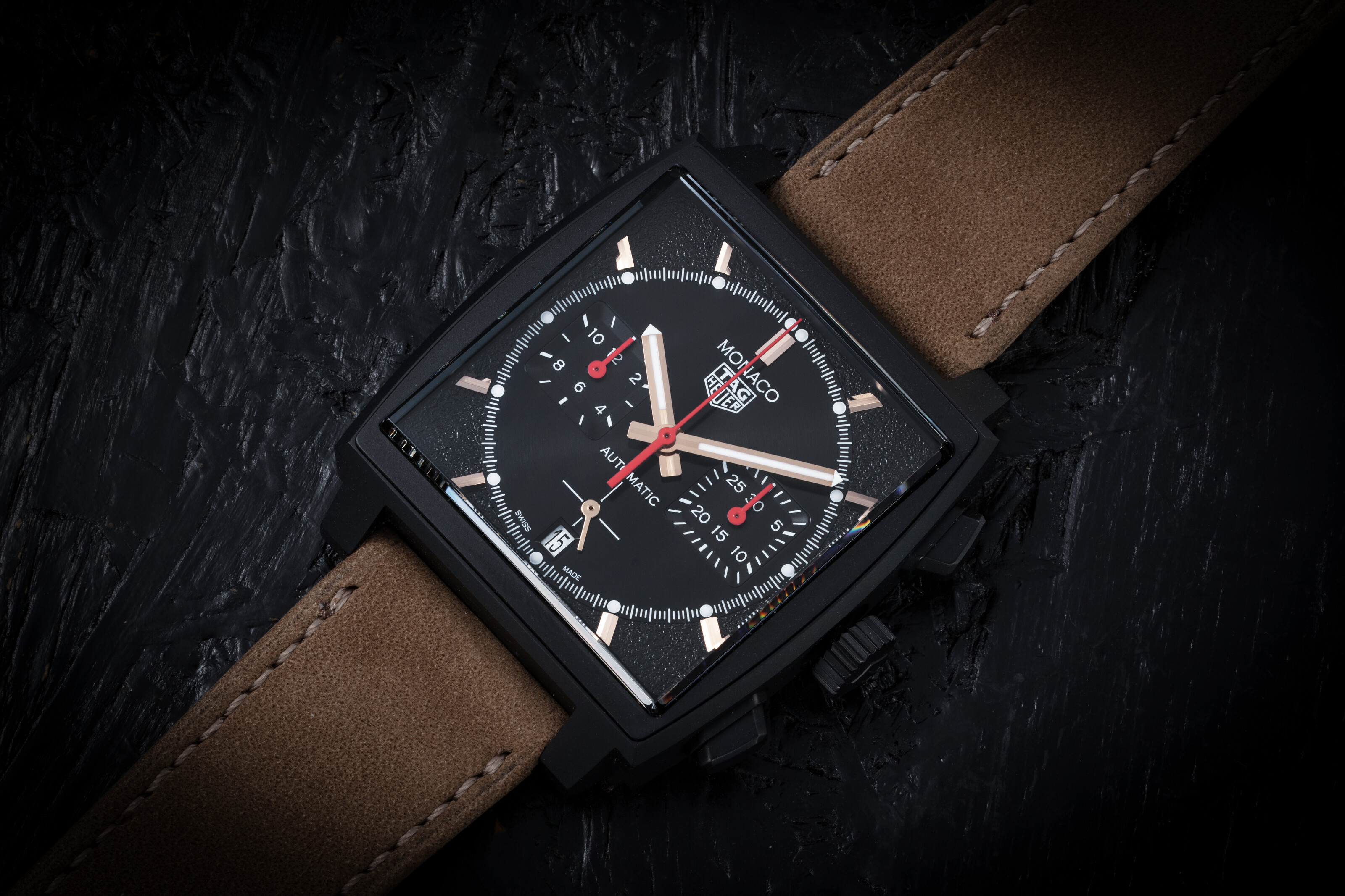 TAG HEUER, MONACO A LIMITED EDITION BLACK DLC-COATED