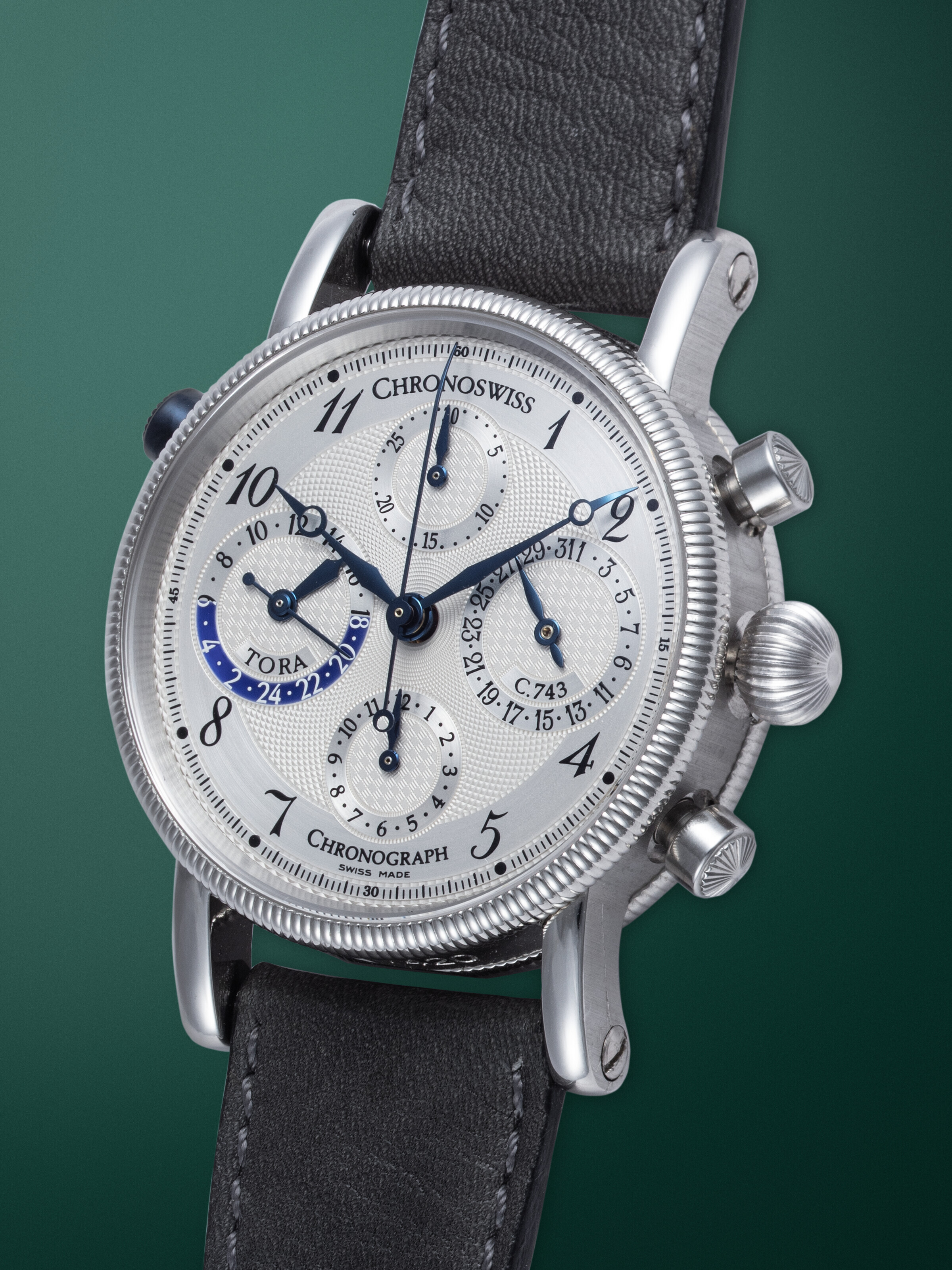 CHRONOSWISS TORA GMT REF. CH 7420 A PLATINUM AUTOMATIC DUAL TIME CHRONOGRAPH WRISTWATCH CASE NUMBER 01 005 MOVEMENT NUMBER 02 739 Christie s