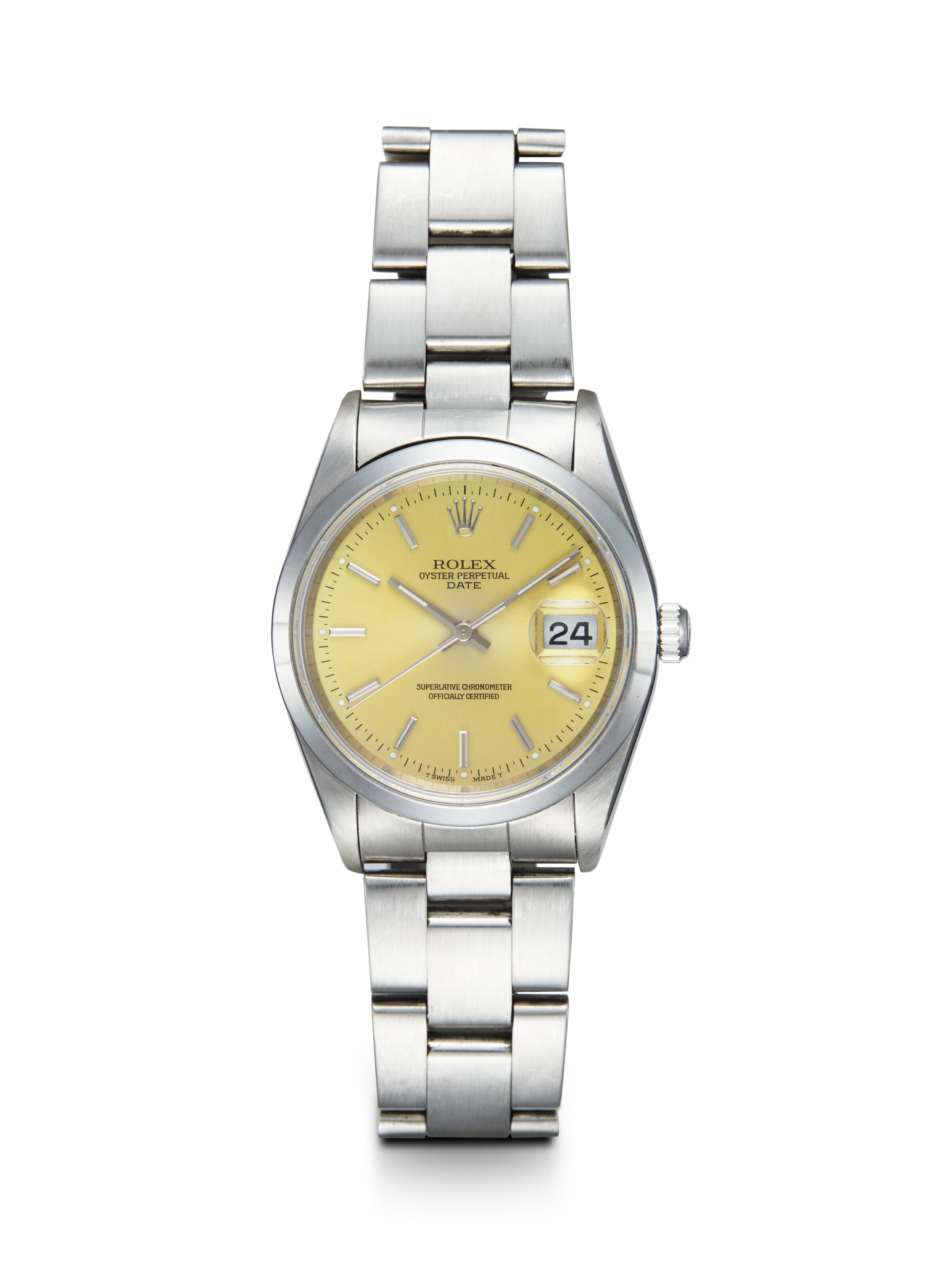 ROLEX OYSTER PERPETUAL DATE REF. 15200 AN ATTRACTIVE STAINLESS STEEL AUTOMATIC WRISTWATCH WITH LEMON DIAL
