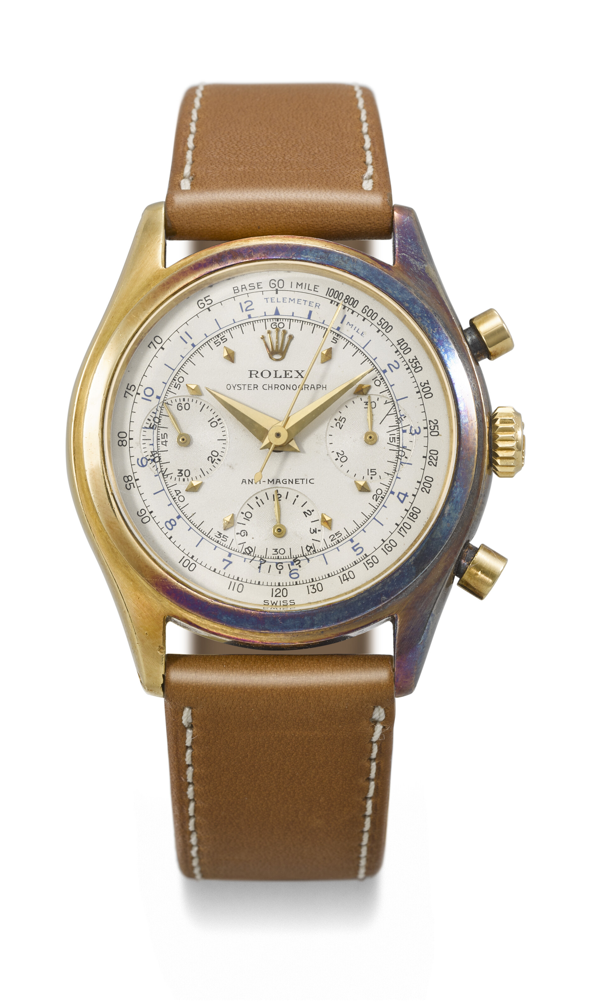 ROLEX. AN EXCEEDINGLY RARE AND WELL PRESERVED 18K GOLD ANTI MAGNETIC CHRONOGRAPH WRISTWATCH WITH MULTISCALE DIAL SIGNED ROLEX OYSTER CHRONOGRAPH ANTI MAGNETIC REF. 6034 CASE NO. 847 636 CIRCA 1952 Chr...