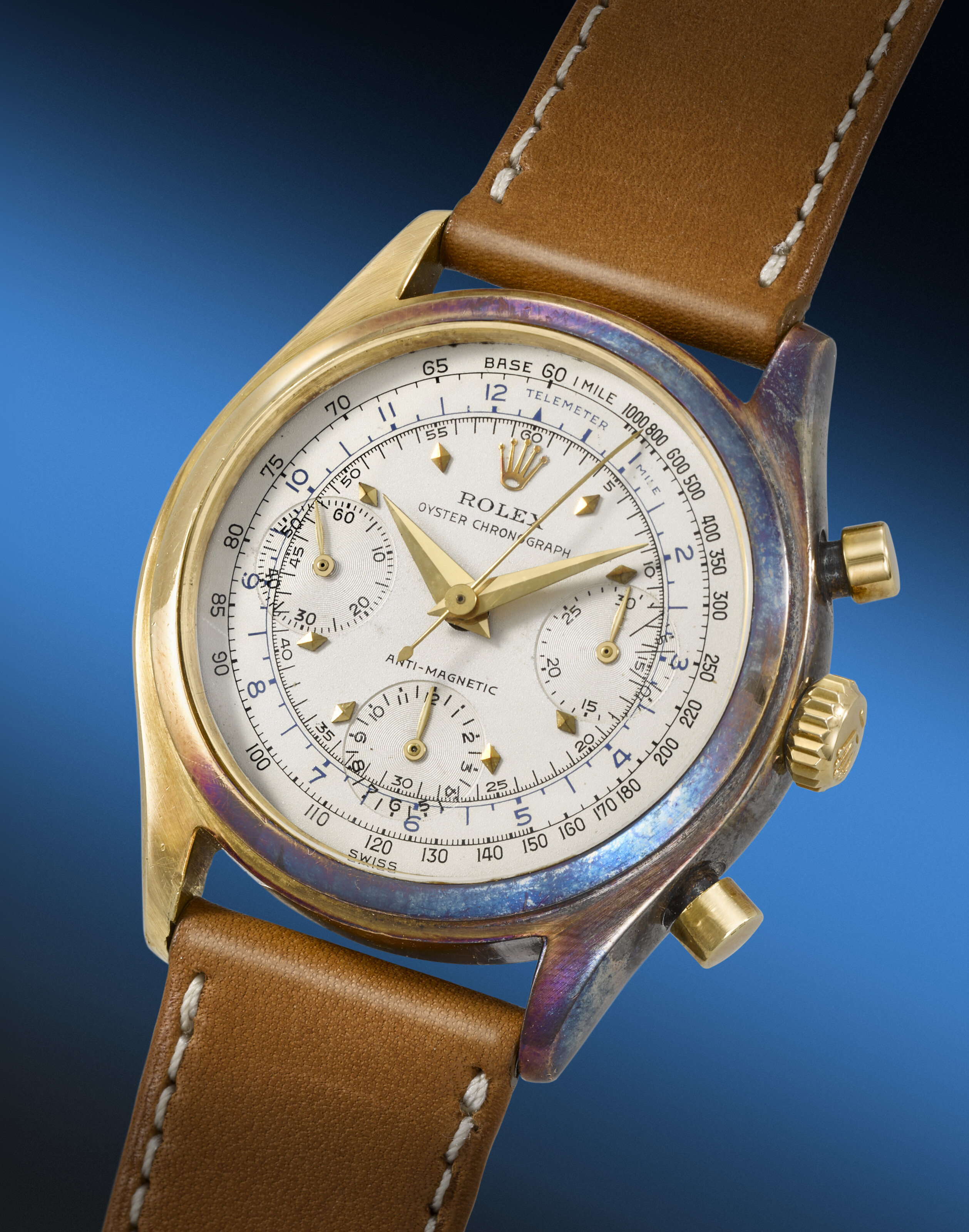 ROLEX. AN EXCEEDINGLY RARE AND WELL PRESERVED 18K GOLD ANTI MAGNETIC CHRONOGRAPH WRISTWATCH WITH MULTISCALE DIAL SIGNED ROLEX OYSTER CHRONOGRAPH ANTI MAGNETIC REF. 6034 CASE NO. 847 636 CIRCA 1952 Chr...